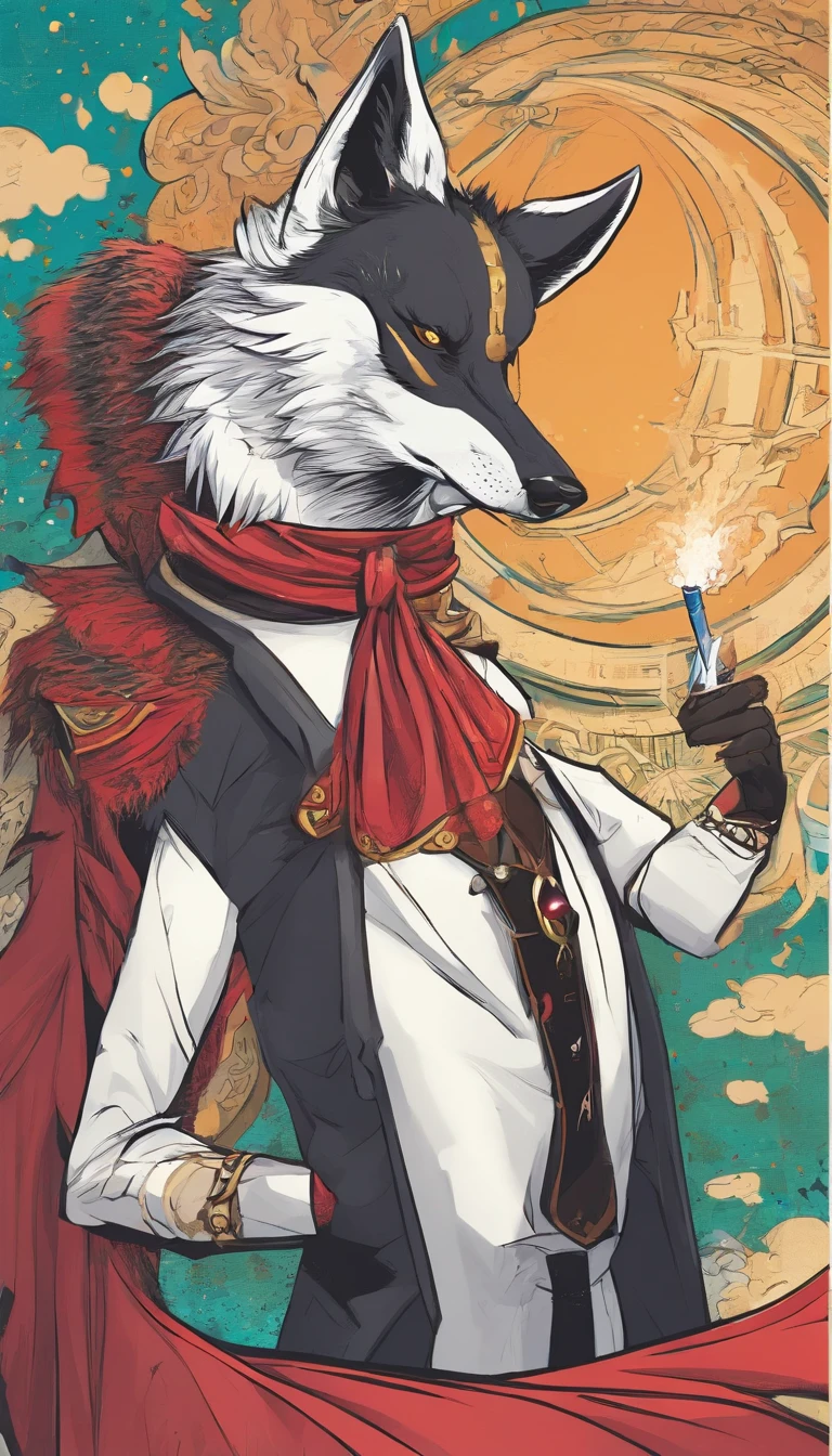 black hair wolf in costume. have a cigarette in your hand. Keep the collar of the costume closed