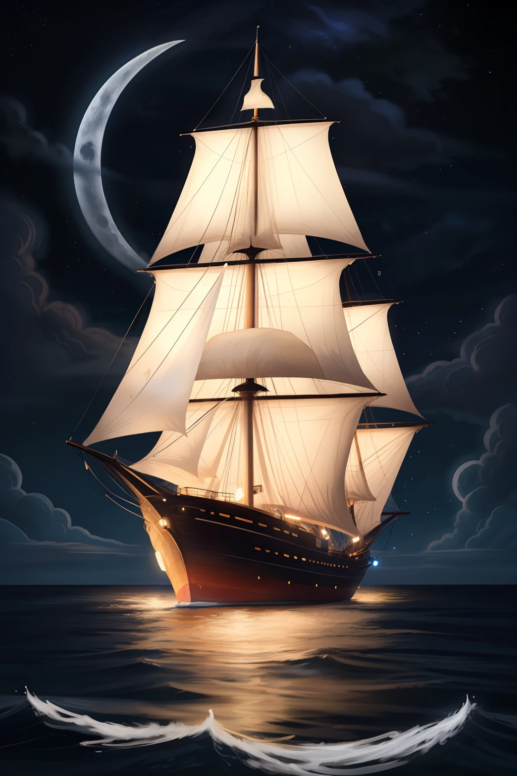 neon light art, in the dark of night, a tall ship sails across moonlit seas, clouds, moon, stars, colorful, detailed, 4k
