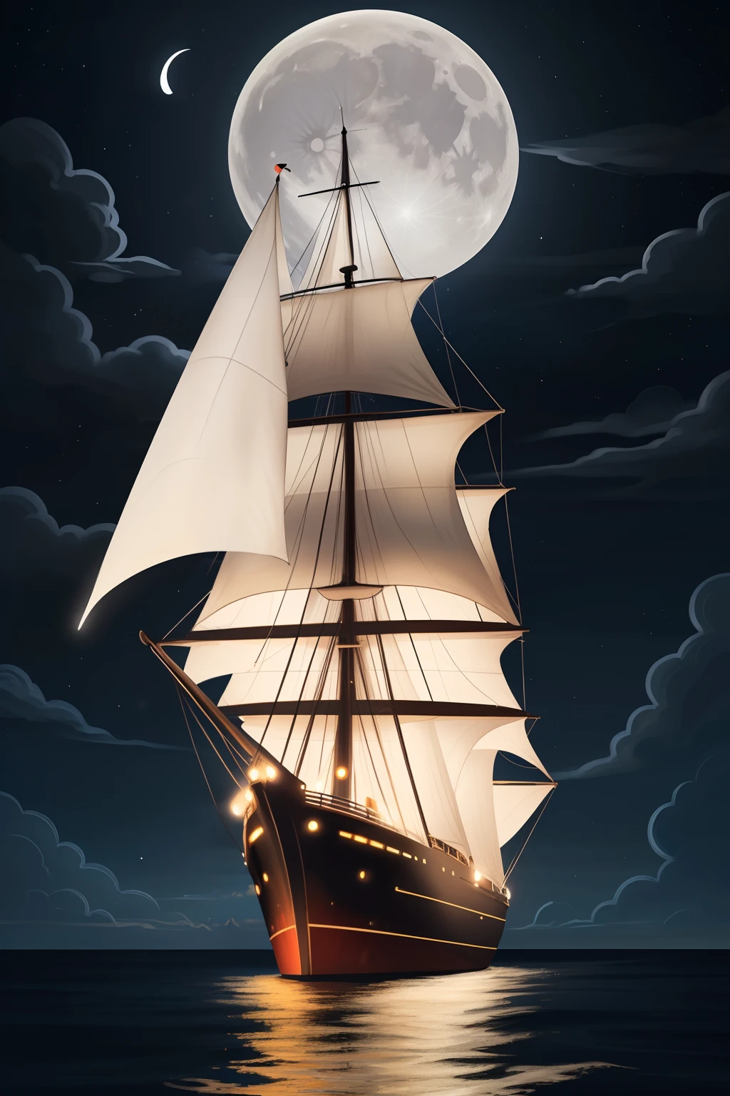 neon light art, in the dark of night, a tall ship sails across moonlit seas, clouds, moon, stars, colorful, detailed, 4k