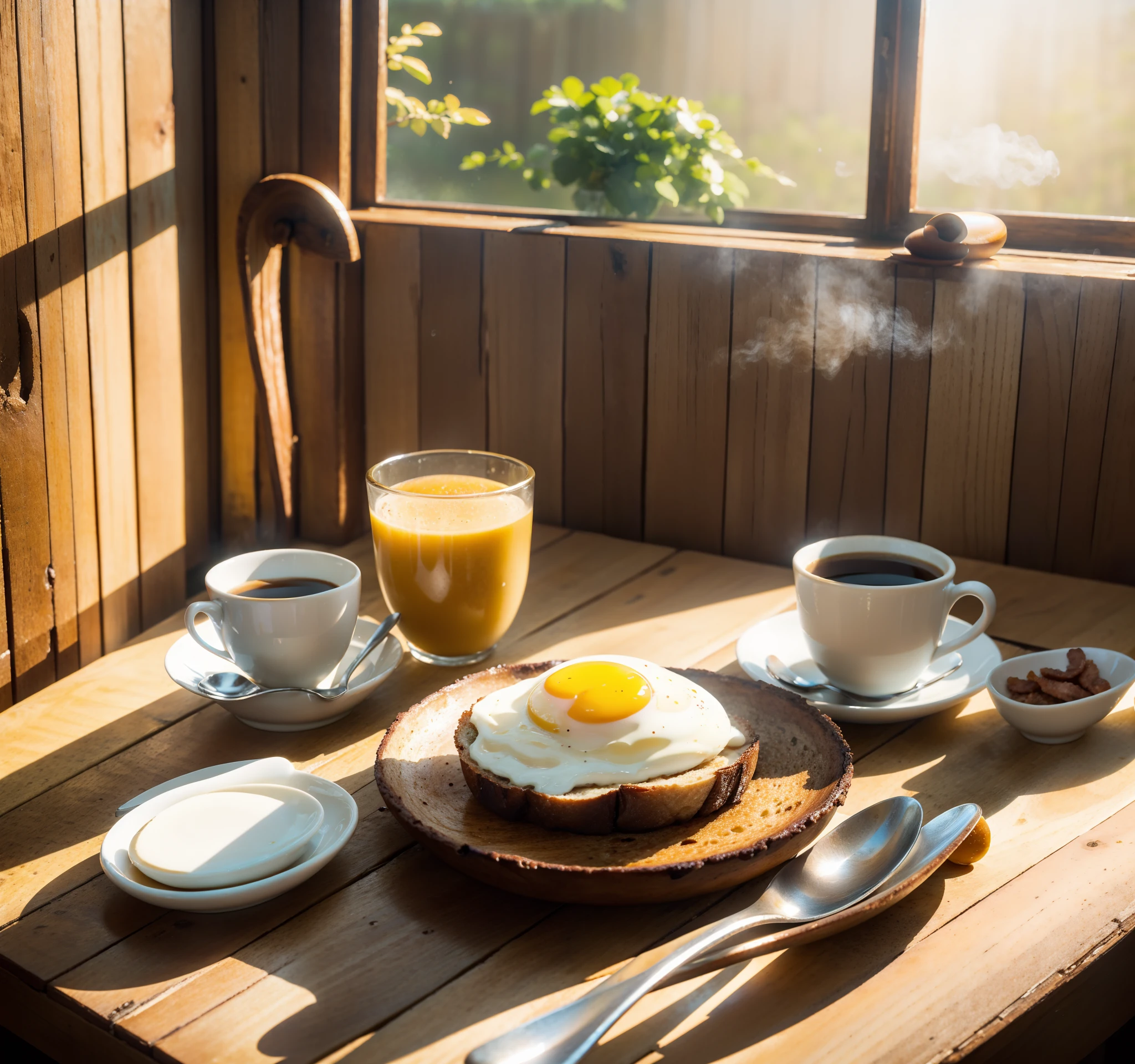 A rustic farmhouse breakfast scene featuring a sunny-side-up egg, crispy bacon, buttered toast, and a steaming cup of coffee. Highlight the glistening texture of the egg yolk and the warm, inviting ambiance of the morning light. Exclude distracting elements like dirty dishes or unrelated items on the kitchen counter.