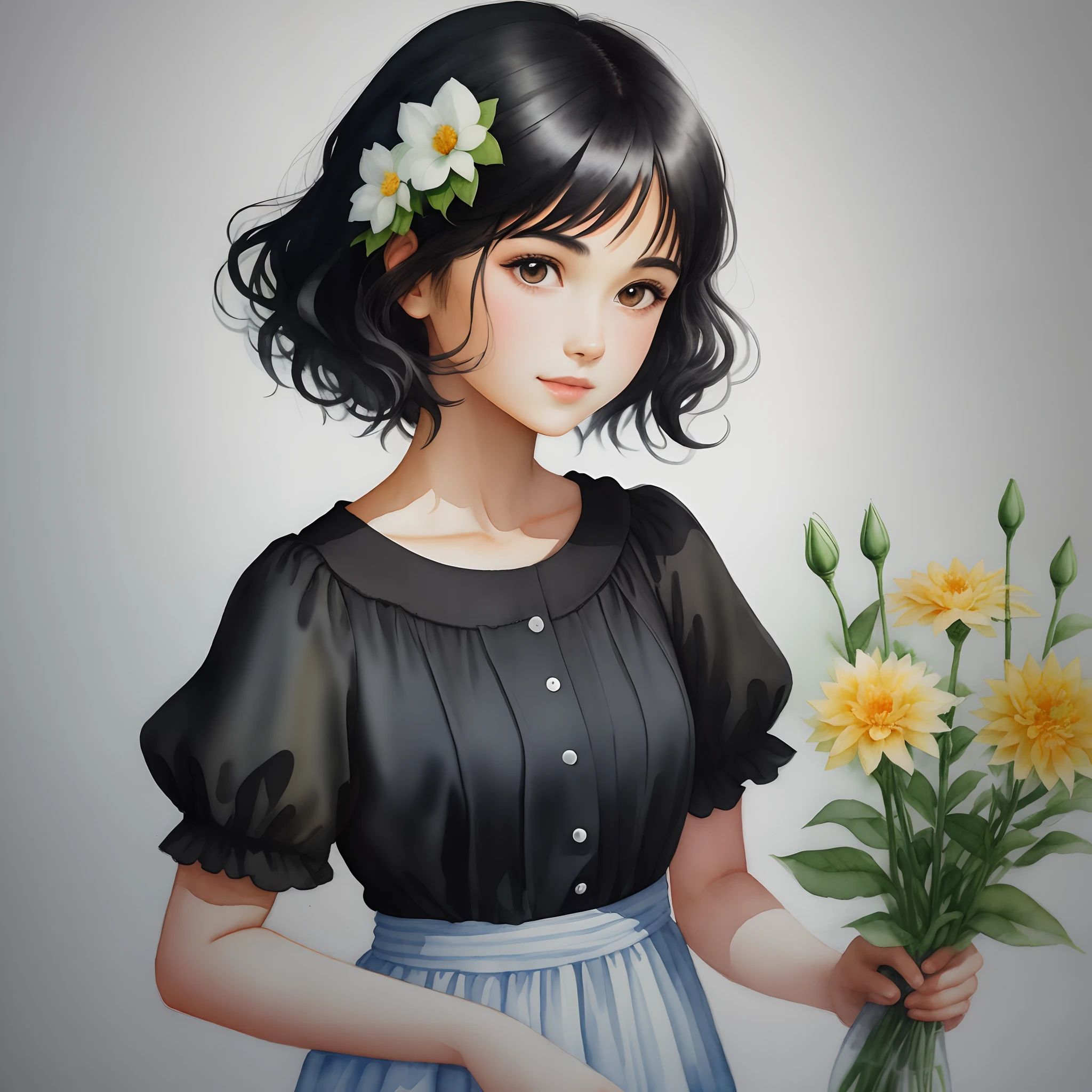 Black-haired girl holding flowers in two-dimensional watercolor