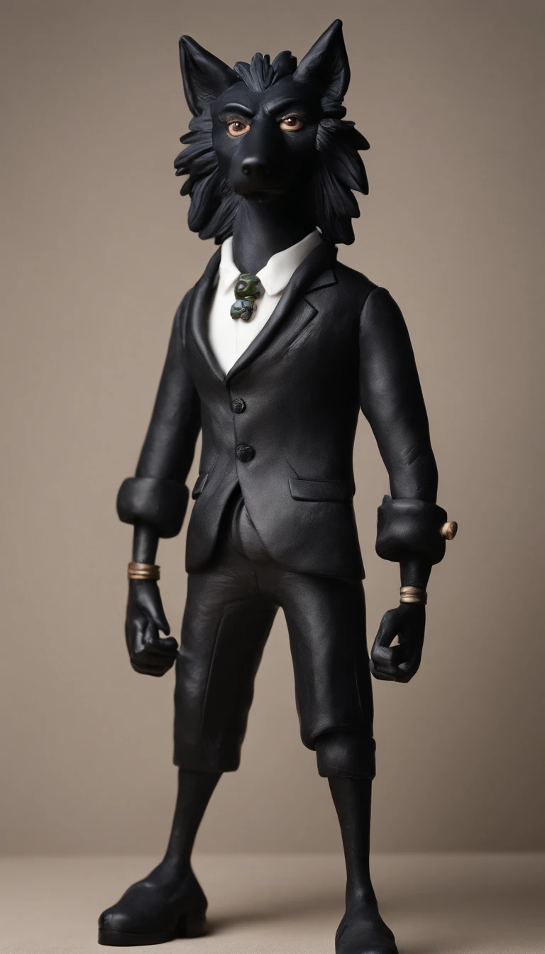 black hair wolf in costume. have a cigarette in your hand. Keep the collar of the costume closed
