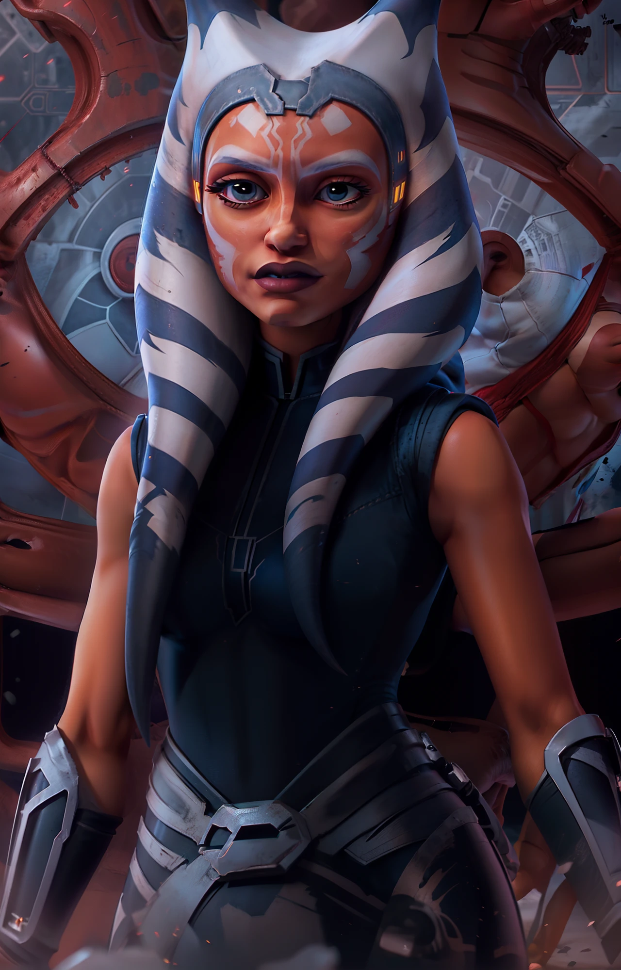 A closeup of a person wearing a Star Wars mask, Ahsoka Tano, Retrato de Ahsoka Tano, sendo informado sobre as guerras de clones, Personagem de Star Wars, Jedi Feminino, Guerra dos Clones de Star Wars, Ariana Grande em Star Wars, From the Phantom Menace, vestindo vestes jedi e um sari, Rei, imagem do avatar, Clone Wars