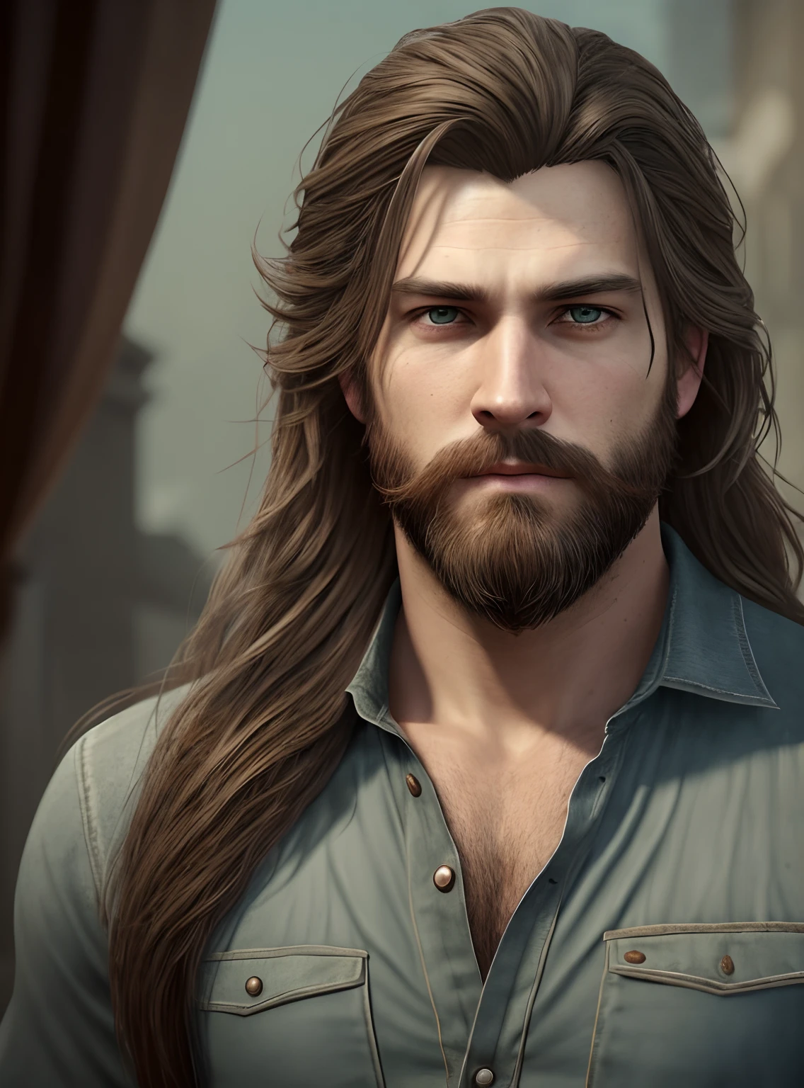 Handsome man, long hair and beard. Realistic, detailed, cinematic art. Cold colors. --auto --s2