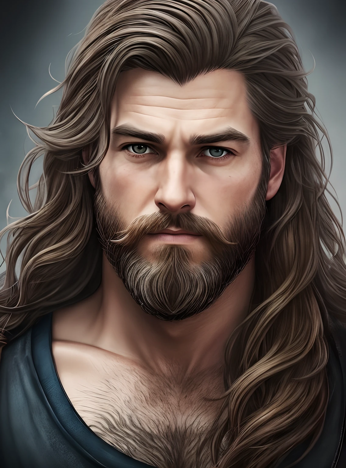 Handsome man, long hair and beard. Realistic, detailed, cinematic art. Cold colors. --auto --s2