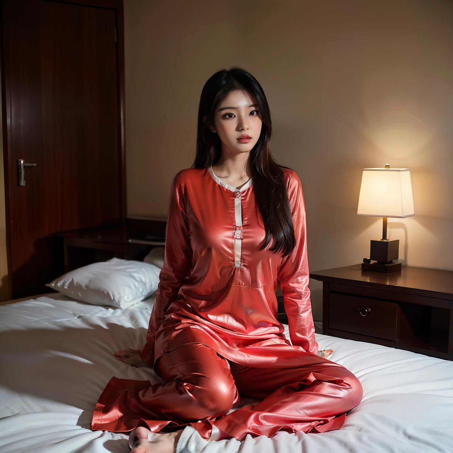 Hot Korean girl in salwar suite in bedroom , closup image , hyper realistic Image