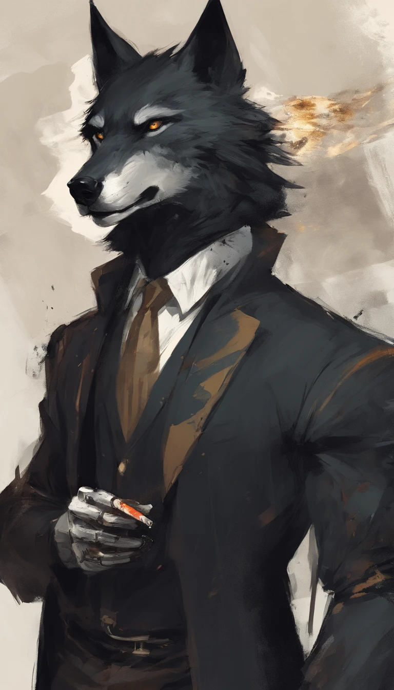 black hair wolf in costume. have a cigarette in your hand. Keep the collar of the costume closed