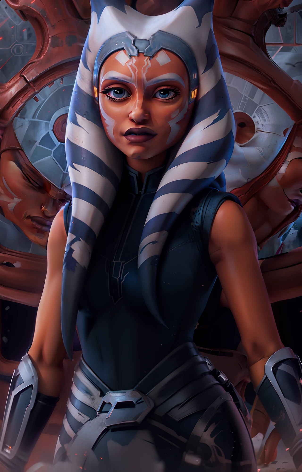 A closeup of a person wearing a Star Wars mask, Ahsoka Tano, Retrato de Ahsoka Tano, sendo informado sobre as guerras de clones, Personagem de Star Wars, Jedi Feminino, Guerra dos Clones de Star Wars, Ariana Grande em Star Wars, From the Phantom Menace, vestindo vestes jedi e um sari, Rei, imagem do avatar, Clone Wars