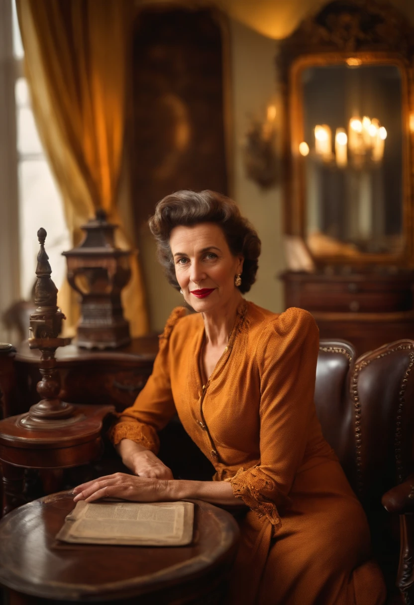 1940s era thin modest woman thin, short very curly bob victory rolls, sitting in a victorian dark gothic livingroom, she is holding a framed photo of a smiling world war 2 photo, she is smiling with slightly crooked teeth, long oval face, thin eyebrows, structured brown suit with kneelenth skirt, with a bible on the desk and a cross on a wall, red fingernails,