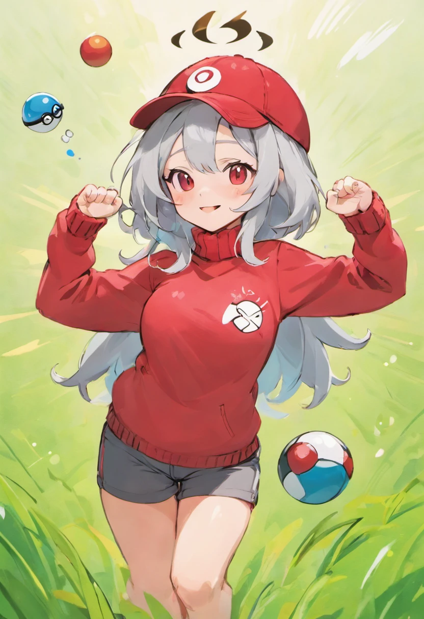 Red Baseball Cap.Thrust your right hand forward,Turtleneck knitwear,Red glasses,Hi-Res, 1womanl,Pose with your right arm stretched forward, 独奏,Holding a Poké Ball in Your Hands, grey eyes, white hair, Red glasses,Red Baseball Cap, Red knitted turtleneck with long sleeves, White shorts, a belt, Grassy, deph of field, The best smile, Stick out the arm holding the poké ball, put hands on the hip,