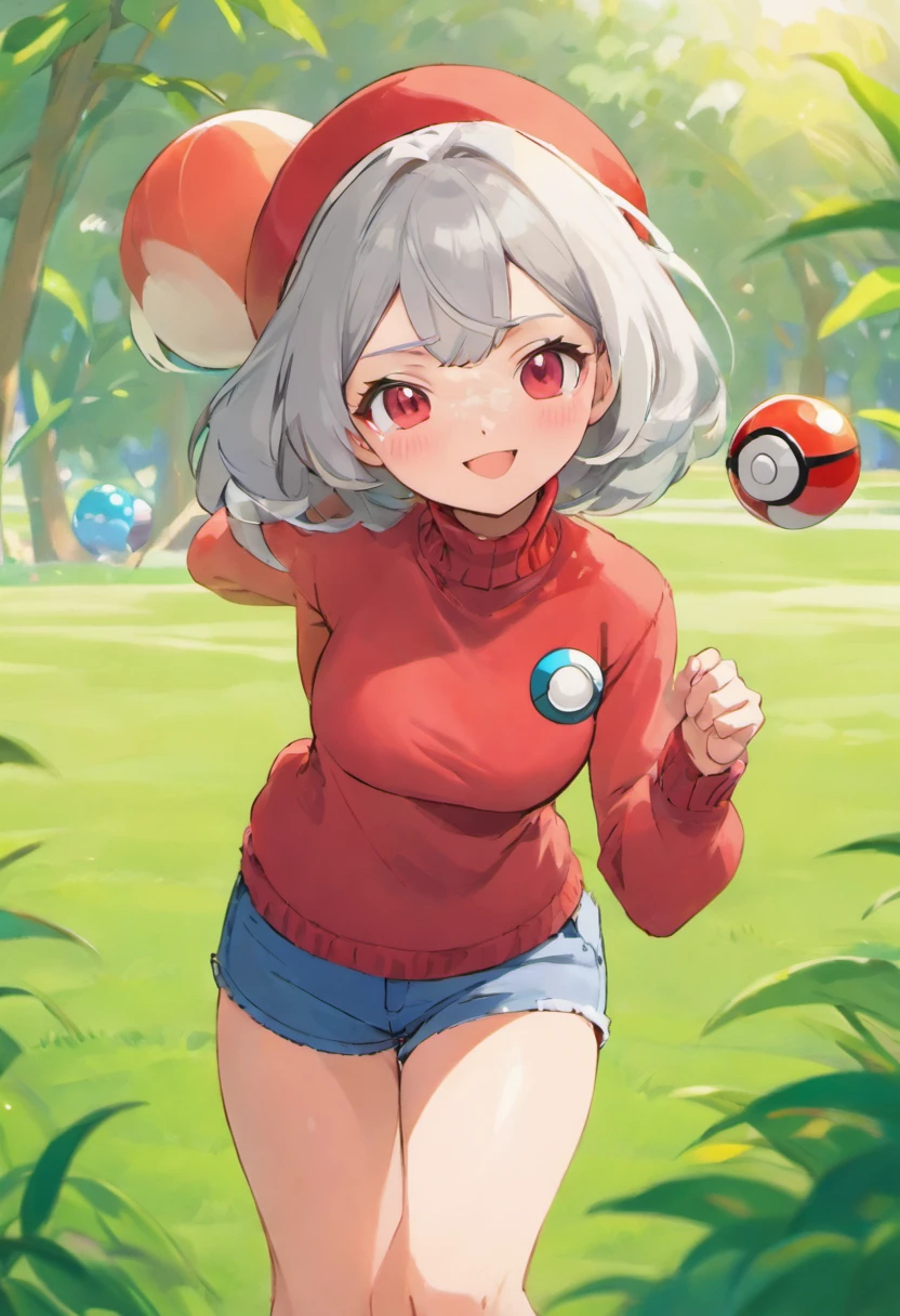 Red Baseball Cap.Thrust your right hand forward,Turtleneck knitwear,Red glasses,Hi-Res, 1womanl,Pose with your right arm stretched forward, 独奏,Holding a Poké Ball in Your Hands, grey  eyes, white  hair, Red glasses,Red Baseball Cap, Red knitted turtleneck with long sleeves, White shorts, a belt, Grassy, deph of field, The best smile, Stick out the arm holding the poké ball, put hands on the hip,