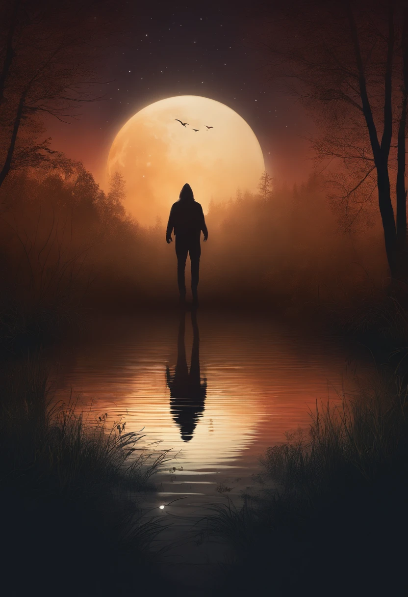 a logo for a youtube channel about mystery thriller stories, mysterious figure in a swamp, misty area, moon light, fireflies,
