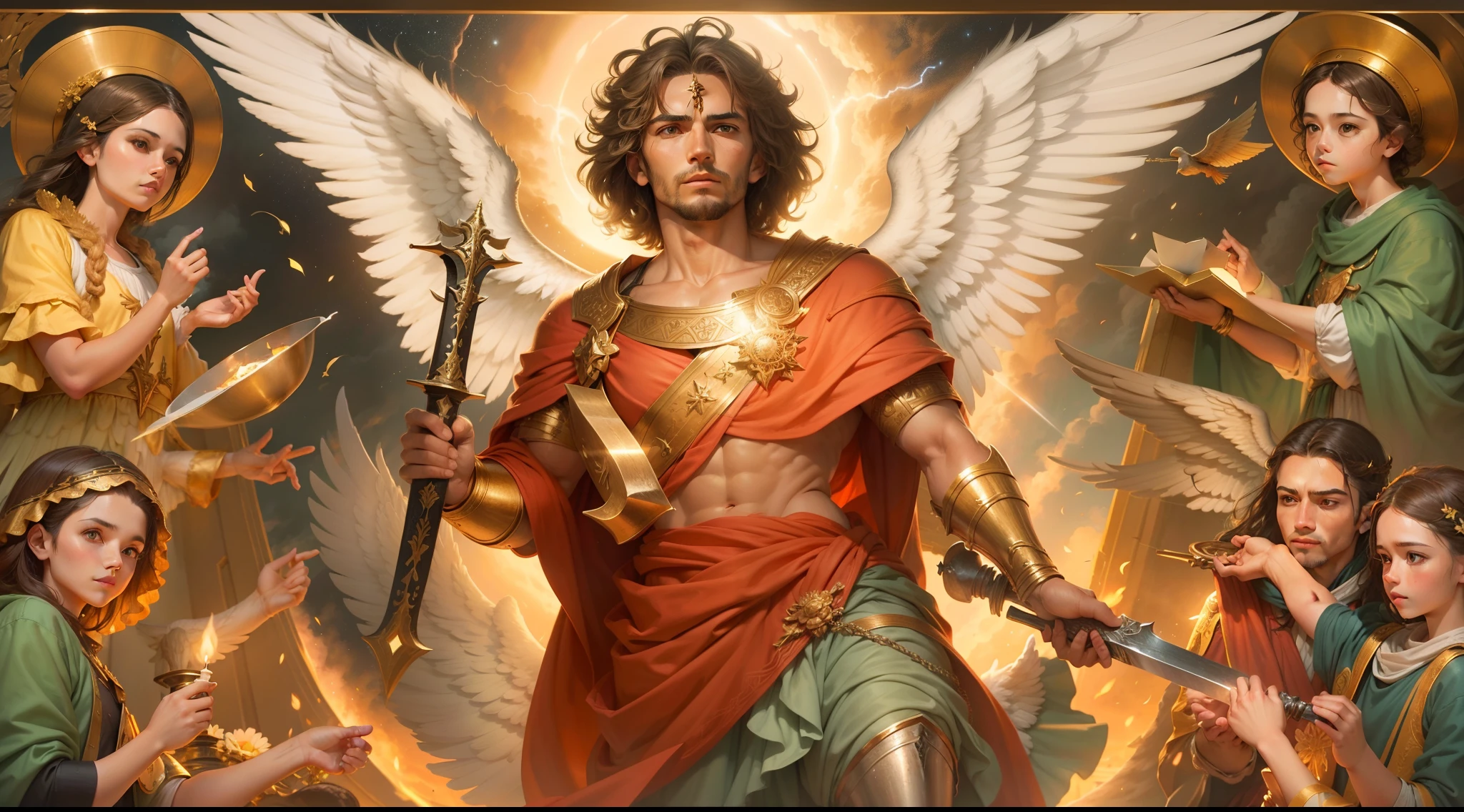 Closeup of an image a man angel with a large and long sword with attack position in right hand, in the other left hand holding a symbol of a scale, Angel dressed as a Roman soldier looking at the ground, arcanjo homem com asas grandes, o anjo da fortuna, perfeito, Reslistic, Biblical setting, celestial scenery, sol e nuvens ultras realistas, flores e velas, illuminated archangel of heaven, Passes in the background, flores coloridas, velas acesas, roupas brancas e vermelhas