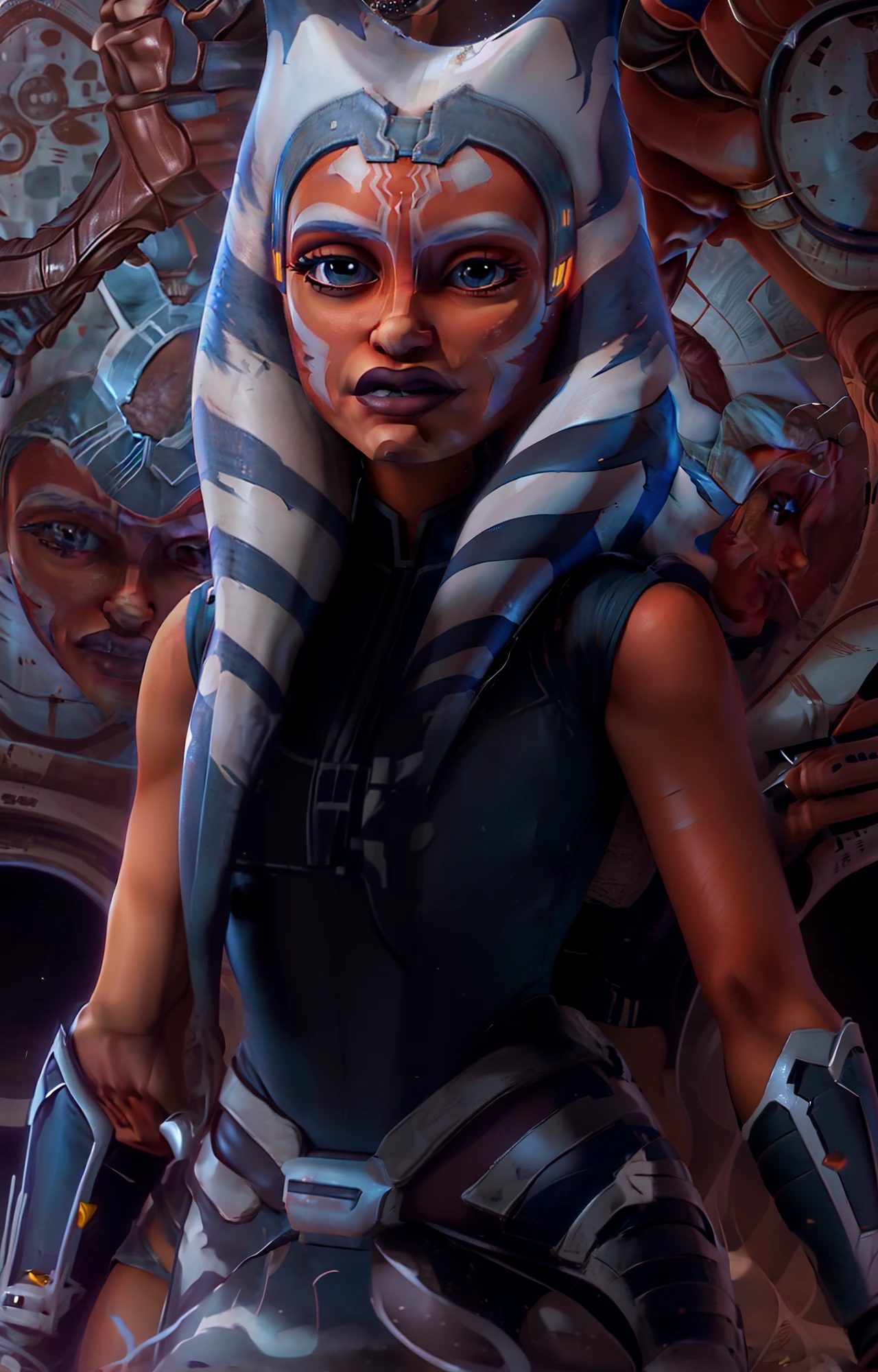 A closeup of a person wearing a Star Wars mask, Ahsoka Tano, Retrato de Ahsoka Tano, sendo informado sobre as guerras de clones, Personagem de Star Wars, Jedi Feminino, Guerra dos Clones de Star Wars, Ariana Grande em Star Wars, From the Phantom Menace, vestindo vestes jedi e um sari, Rei, imagem do avatar, Guerras de clones