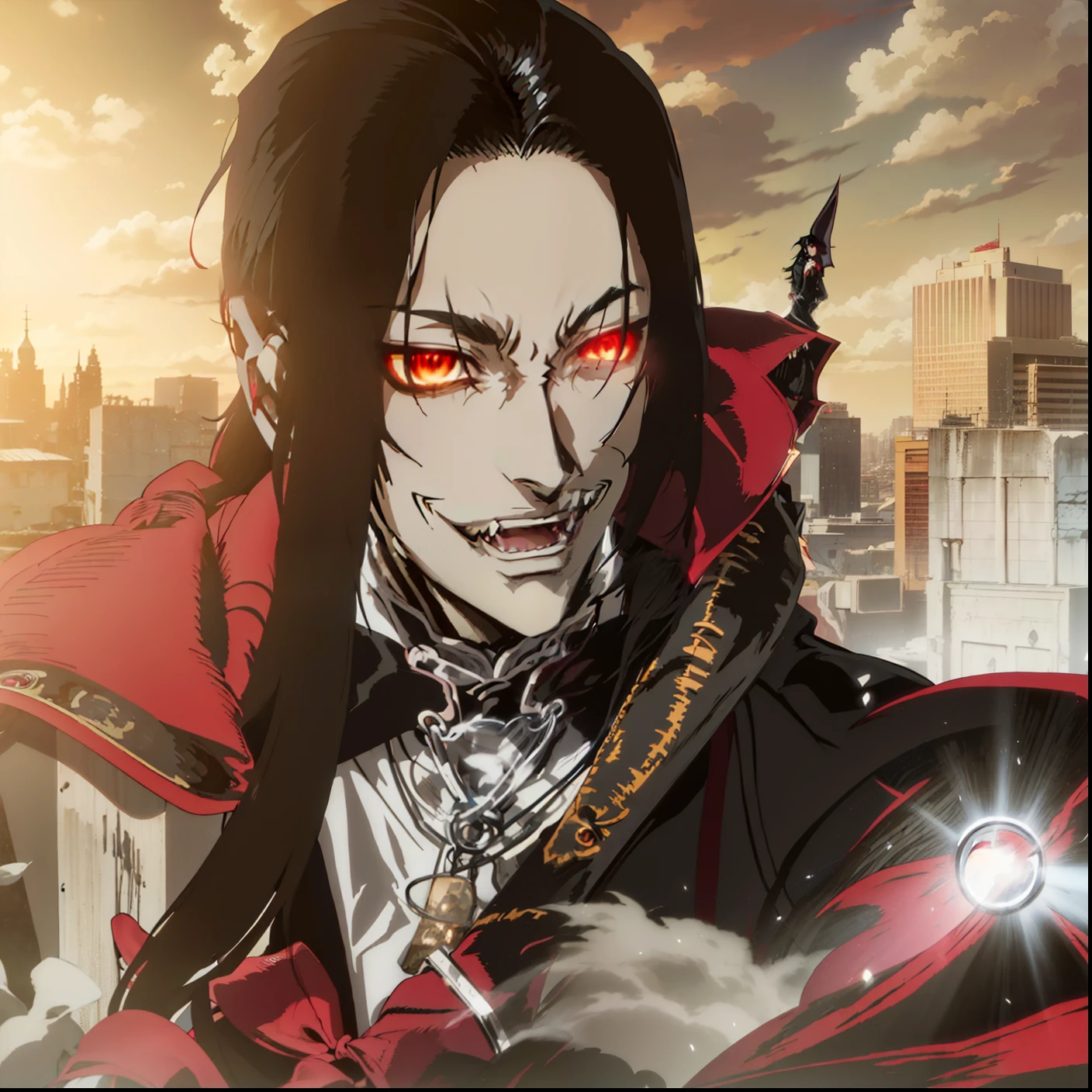 Anime style, anime version, vampire boy, alucard, metalhead boy, Black long hair boy, close face, extreme long hair boy, vampire style, gothic boy, vanitas