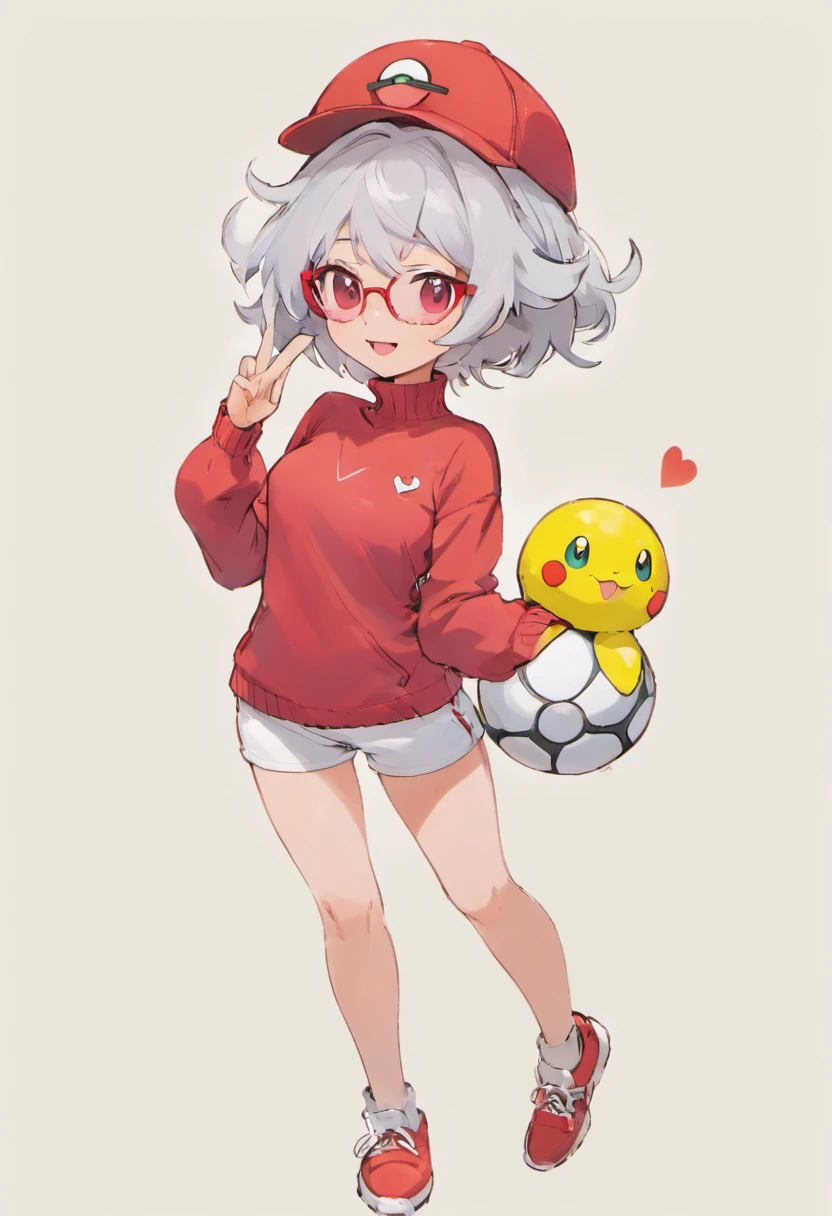 Red Baseball Cap.White shorts Stick your right hand forward,Turtleneck knitwear,Red glasses,Hi-Res, 1womanl,Pose with your right arm stretched forward, 独奏,Holding a Poké Ball in Your Hands, grey eyes, white hair, Red glasses,Red Baseball Cap, Red knitted turtleneck with long sleeves, White shorts, a belt, Grassy, deph of field, The best smile, Stick out the arm holding the poké ball, put hands on the hip,