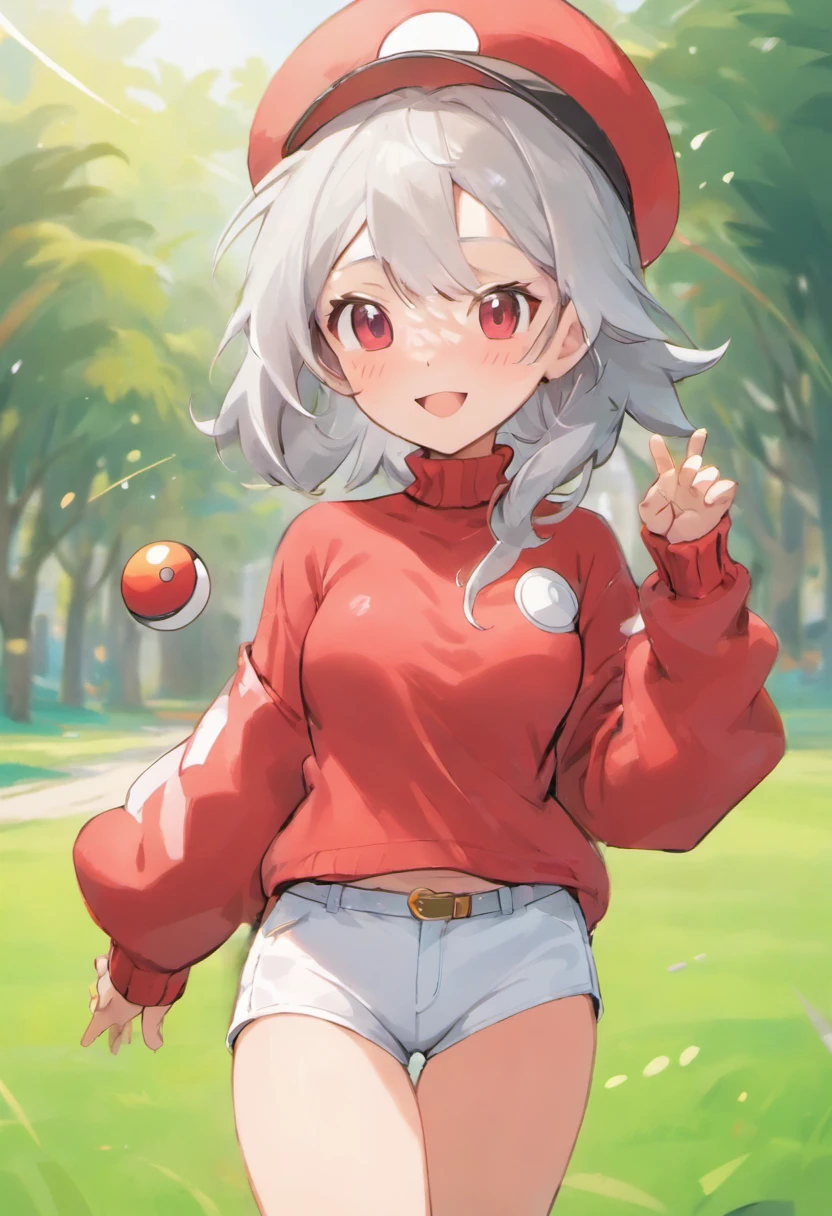 Red Baseball Cap.White shorts Stick your right hand forward,Turtleneck knitwear,Red glasses,Hi-Res, 1womanl,Pose with your right arm stretched forward, 独奏,Holding a Poké Ball in Your Hands, grey eyes, white hair, Red glasses,Red Baseball Cap, Red knitted turtleneck with long sleeves, White shorts, a belt, Grassy, deph of field, The best smile, Stick out the arm holding the poké ball, put hands on the hip,