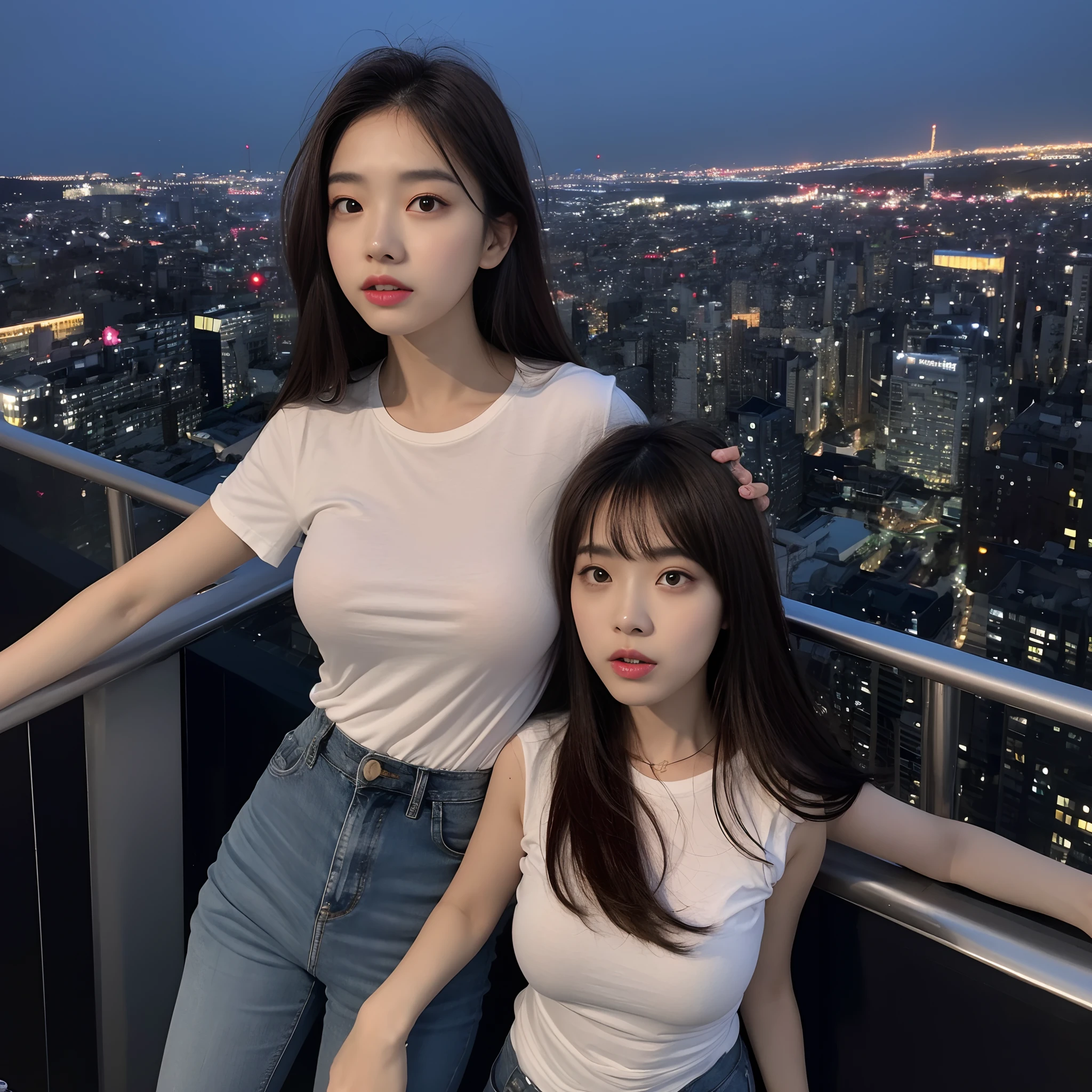 ((mid night、top-quality、8K、masterpiece:1.3)), full body Esbian, long legged, foco nítido:1.2, Beautiful woman with perfect body shape:1.4, Slender Abs:1.1, ((dark brown hair、Colossal tits:1.2)), (White tight t-shirt、Tight skinny jeans 、is standing:1.2), ((Night City View、On the rooftop:1.3)), Highly detailed facial and skin texture, A detailed eye, 二重まぶた