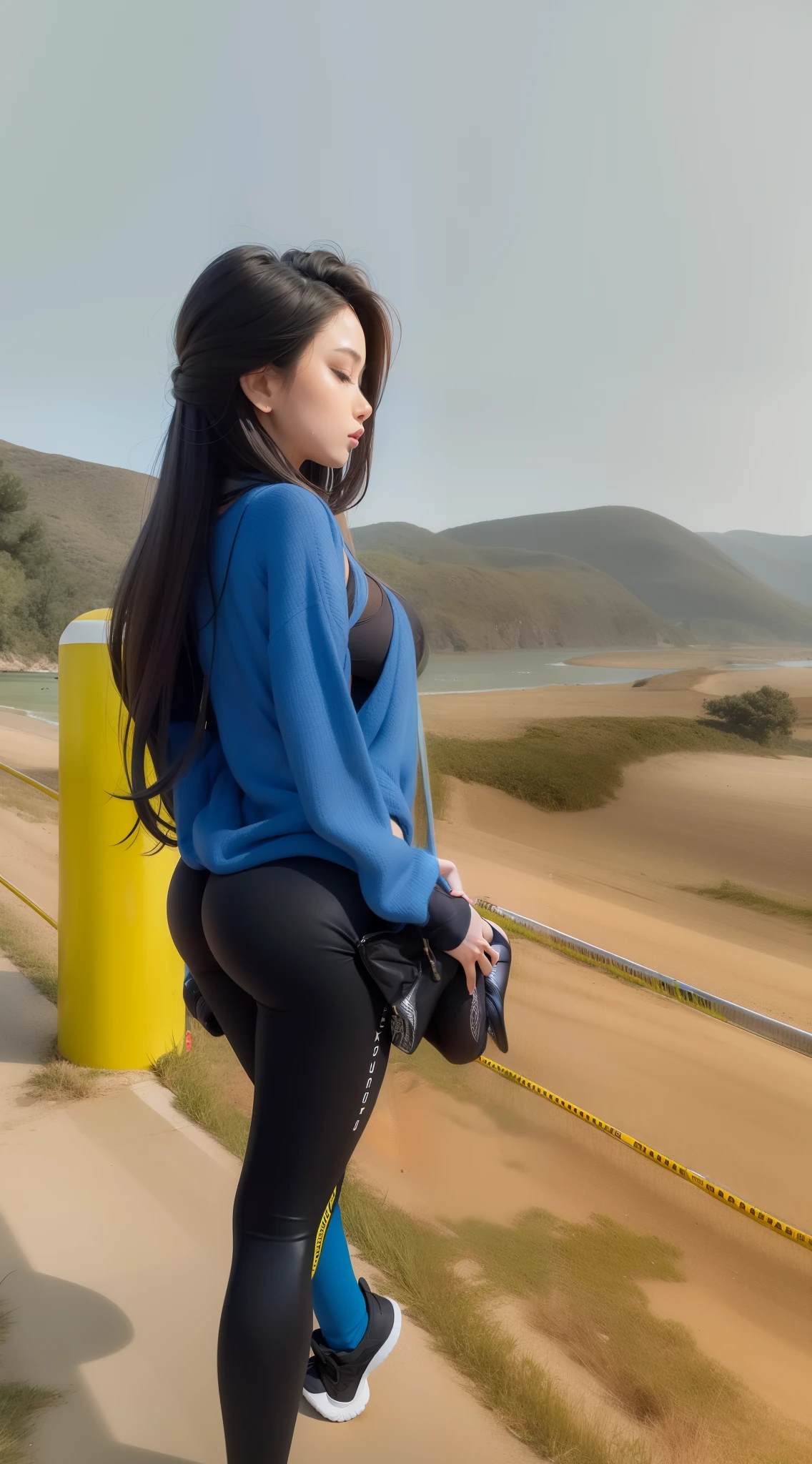 beautiful girl, long hair, tight leggings , pushup bra, huge ass