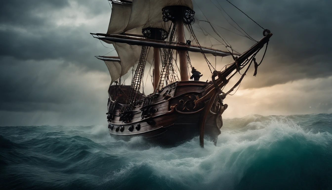 A large kraken squid attacking a pirate ship in turbulent water, storm, cloudy, misty, savage, ferocious, fierce