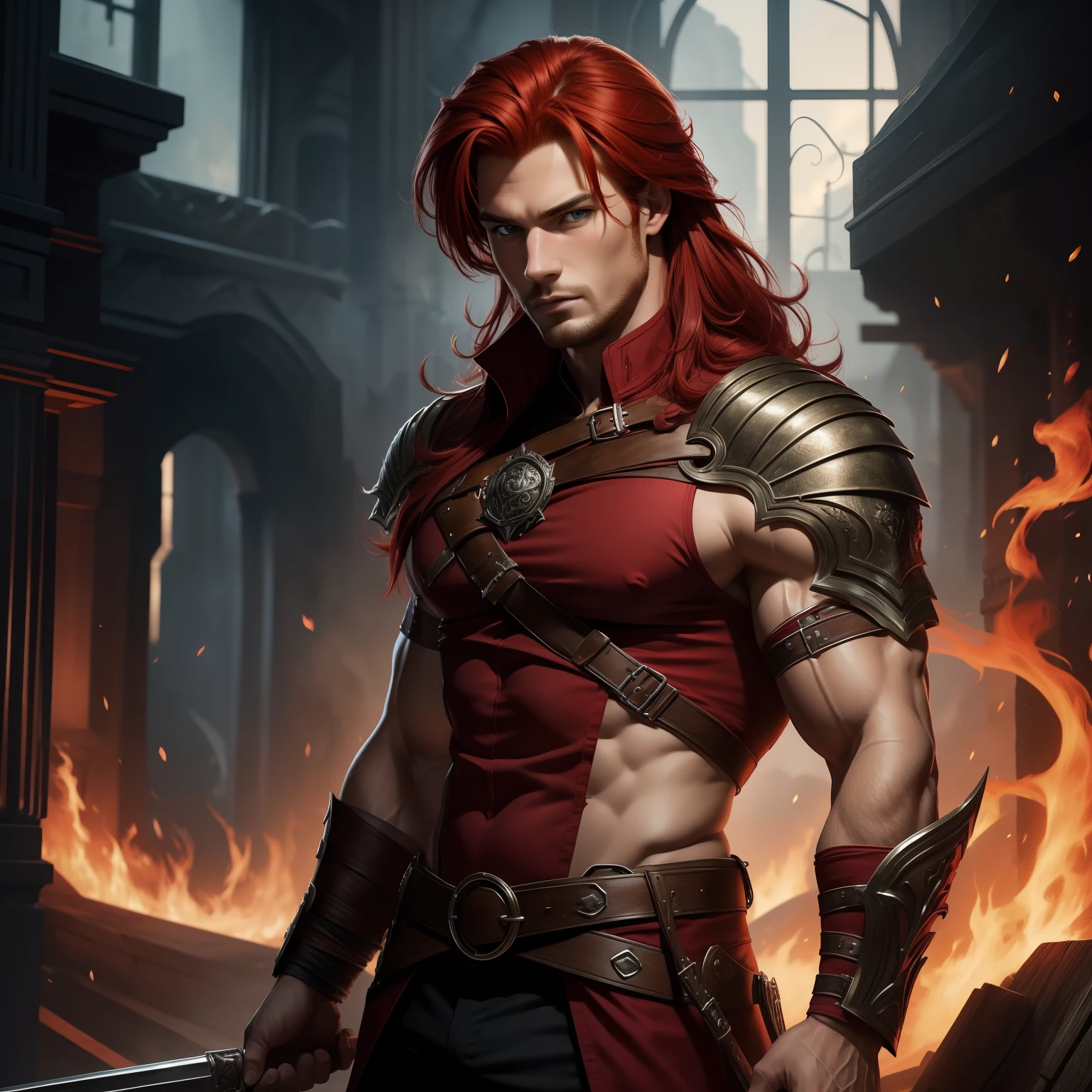 masterpiece)), ((best quality)), ((highres)),Rogue,, sexy,Red Hair,man, handsome, muscular, fantasy, art,magic, , young man,young, handsome,fire,large
