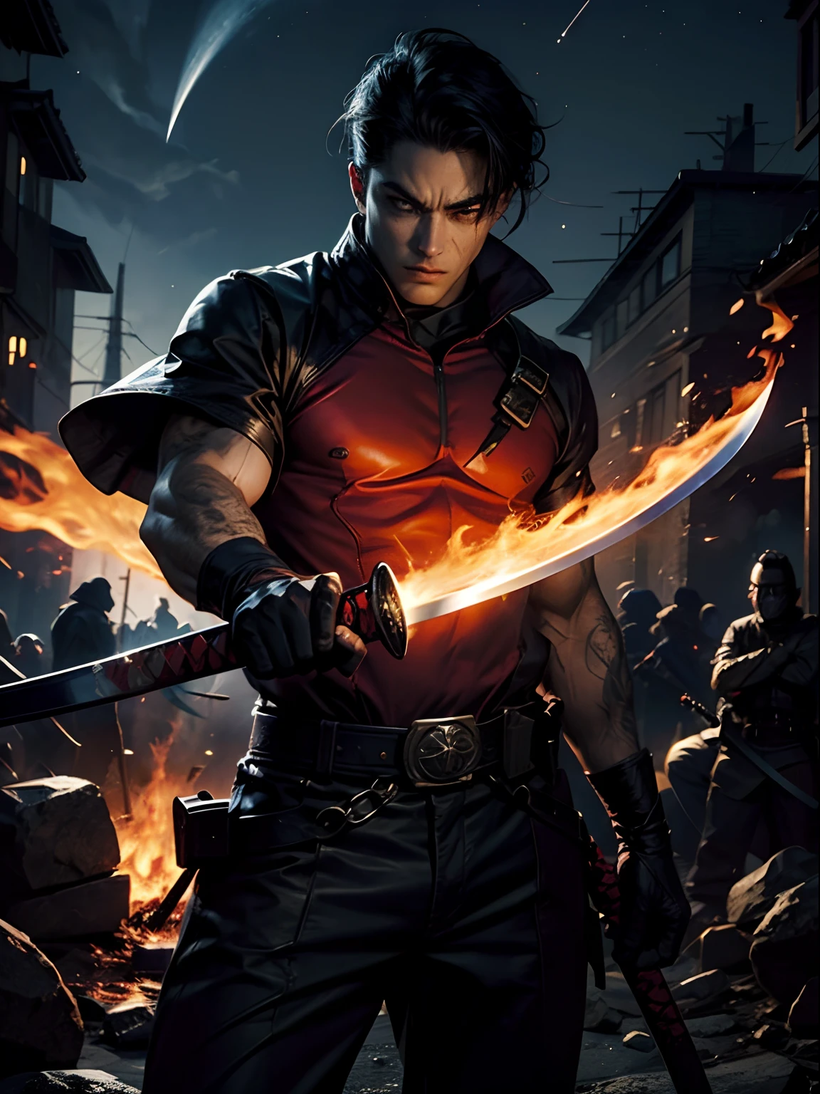 master part, Jason Todd como samurai das sombras, Estilo de pintura extremamente detalhado, The katana is on fire, The fire is blue, The fire is very bright, personagem realista, heroic, epic pose, Twilight, night sky