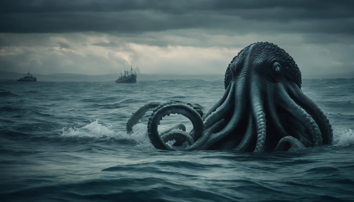 (Highest quality,4K,8k,High resolution,masterpiece:1.2),Very detailed,(Realistic,Realistic,Photorealistic:1.37),Top View,Looking down,giant sea creature silhouette,dark,scared,Ocean view,In the water,monster figures,scared existence,Hidden Sea,Ominous atmosphere,abyss,Mysterious Creatures,cause fear,scared sea monsters, Majestic,Hall々And,生き物の鱗がdarkabyssに光り輝いていた,Depth of the sea,Terrible ratio,広大なdark海,darkness and foreboding,shadow dance,ominous silhouette,eerily quiet,The unknown lurks below,広大で荒涼And,strong sense of isolation,Ominous atmosphere,darkness crept in,Ominous Presence,It's terrifyingly beautiful,Intimidating,Eye-catching,The incredible beauty of the sea.Giant squid