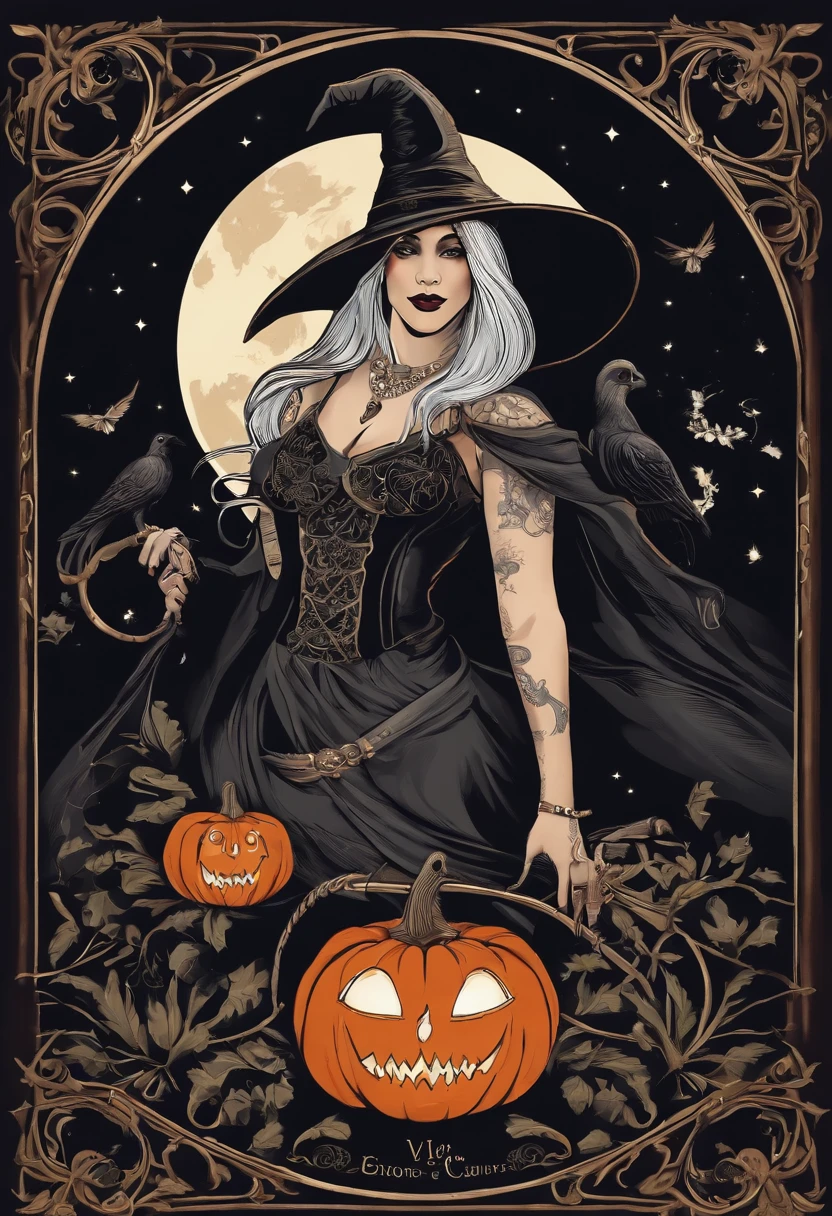 Tattoo convention poster with a tattooed witch with art nouveau features, wearing traditional black witch dress and witch hat with white hair, em seu quarto de bruxa detalhado, com livros de magia em cima de uma mesa de madeira, shaking a cauldron coming out smoke and conjuring spells, com seu gato preto ao lado observando, tendo como pano de fundo uma noite de fantasia com lua cheia e vista da janela do quarto
