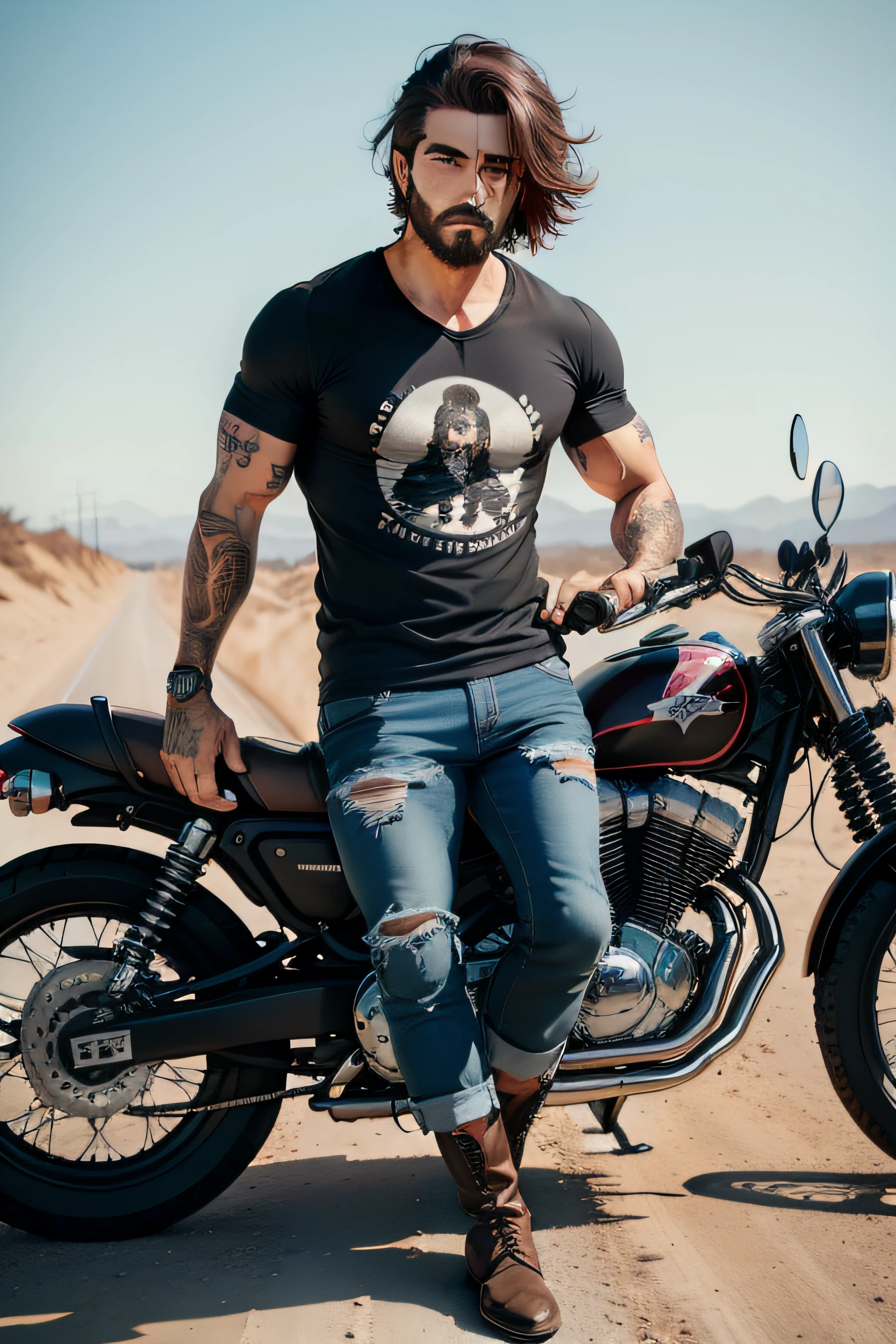 homem com cabelo comprido e barba comprida, grisalho, vestindo camiseta preta, colete de couro, jeans and boots, montado em uma moto custom, em uma estrada de asfalto atravessando o deserto