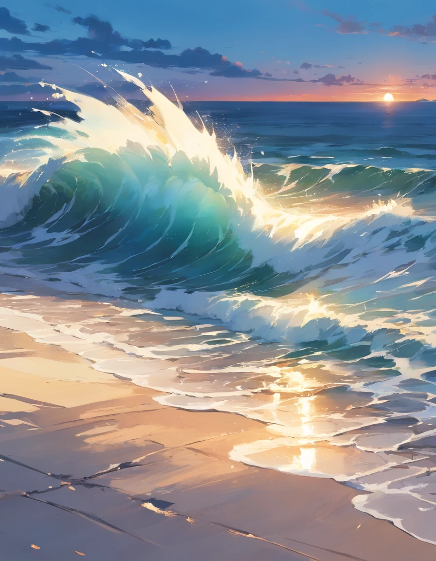 close up on huge crashing waves on beach, pallet knife and brush stokes, no people, almost sun fully set and getting dark
