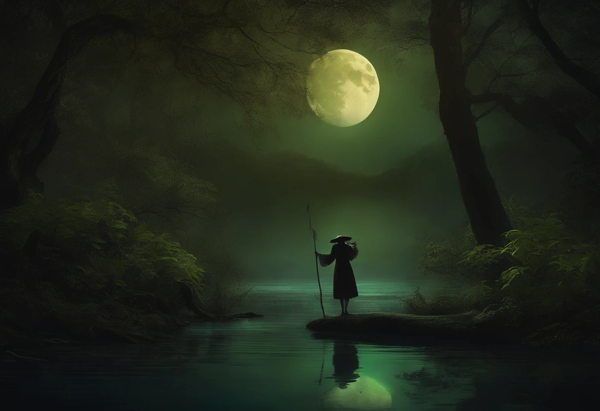 a setting about mysterious figure in a moonlit swamp