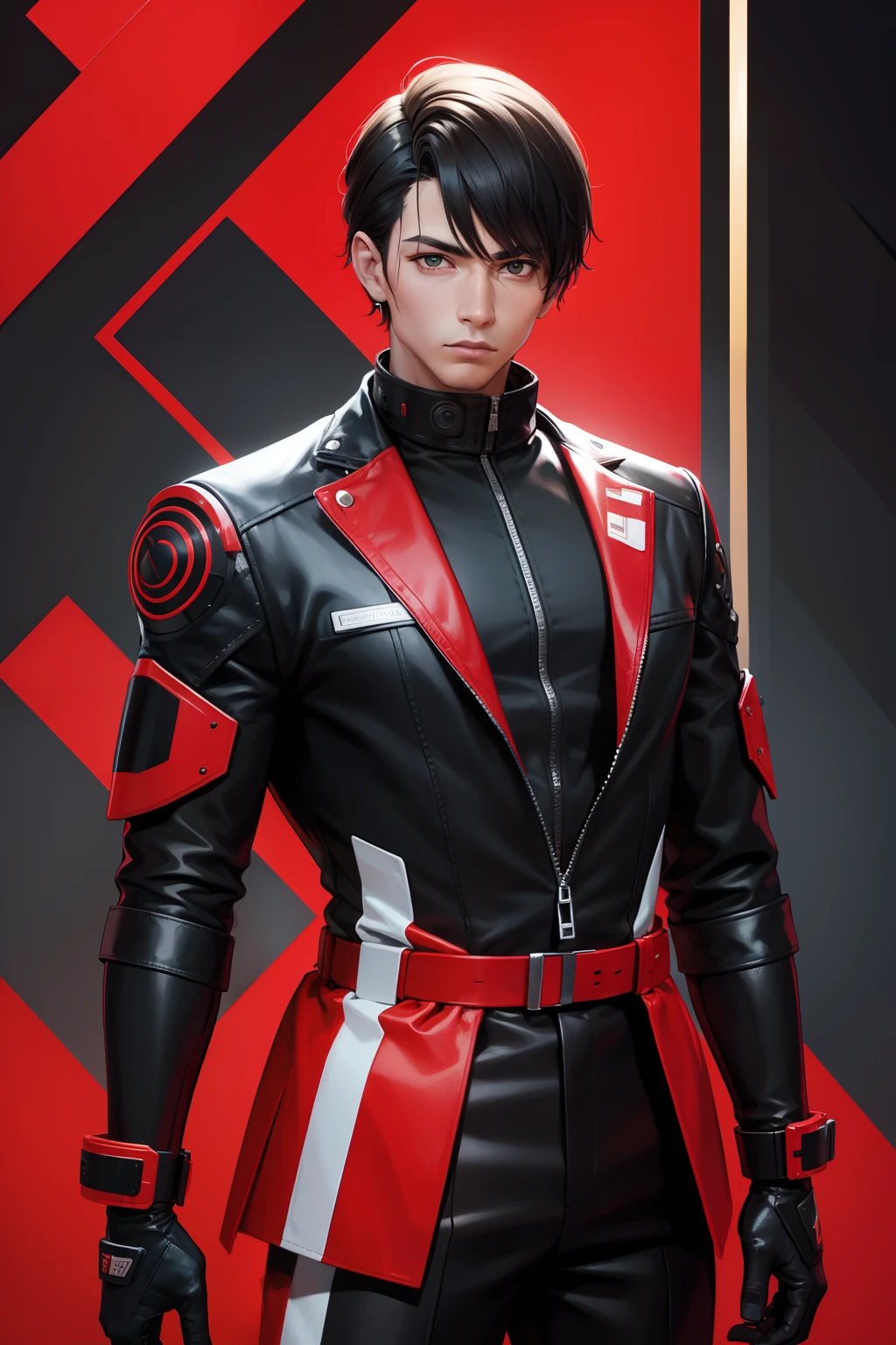 Hombre, guerrero, futurista, androide, color negro, detalles rojos, casco, catanas