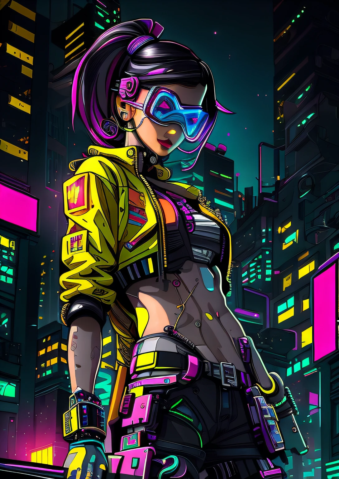 Cyber girl in a yellow jacket standing in town at night, estilo de arte cyberpunk, arte de anime cyberpunk, arte digital do anime cyberpunk, arte cyberpunk anime, garota anime cyberpunk, cyberpunk digital - arte de anime, vibe cyberpunk, cyberpunk vibes, cyberpunk cores vibrantes, cyberpunk themed art, menina de anime cyberpunk feminino, estilo de arte cyberpunk, brilho cyberpunk brilhante, Anime cyberpunk moderno, Garota cyberpunk