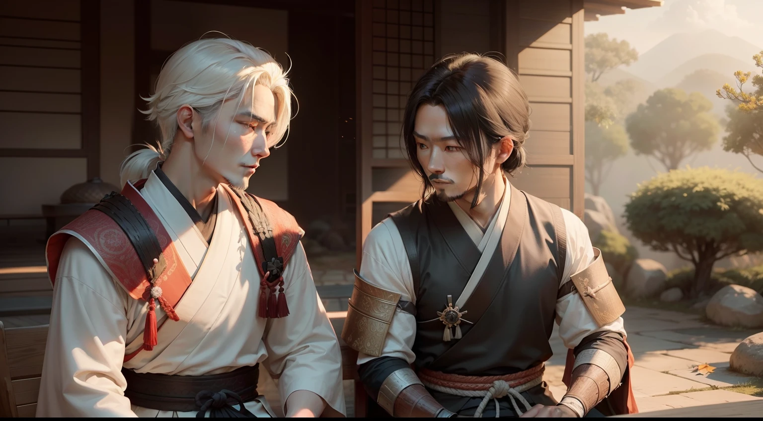 Imagine a serene and peaceful setting, perhaps a stone garden or a bamboo forest, with a sky at dusk painted in soft shades of orange and pink. Two samurais are seated in a strategic spot, one older with white hair and the other around 30 years old with black hair.
The older samurai has a wise and serene appearance, dressed in traditional attire and wielding a sword with ornate details. He is leaning slightly forward, attentively looking at the younger samurai.
The younger samurai is sitting facing the older one, showing respect and attentiveness to the words of his mentor. He is dressed similarly but exudes a youthful energy and determination in his face.
Between the two samurais, you can add an element that symbolizes wisdom and teachings, such as an ancient scroll or an open book. This emphasizes the role of the older samurai as a mentor, sharing his knowledge and experiences with the young warrior.
The lighting is soft and natural, highlighting the details of their facial expressions and adding a sense of calm to the environment. You can include small details like falling leaves or a gentle breeze rustling the foliage around them to create a more dynamic atmosphere.