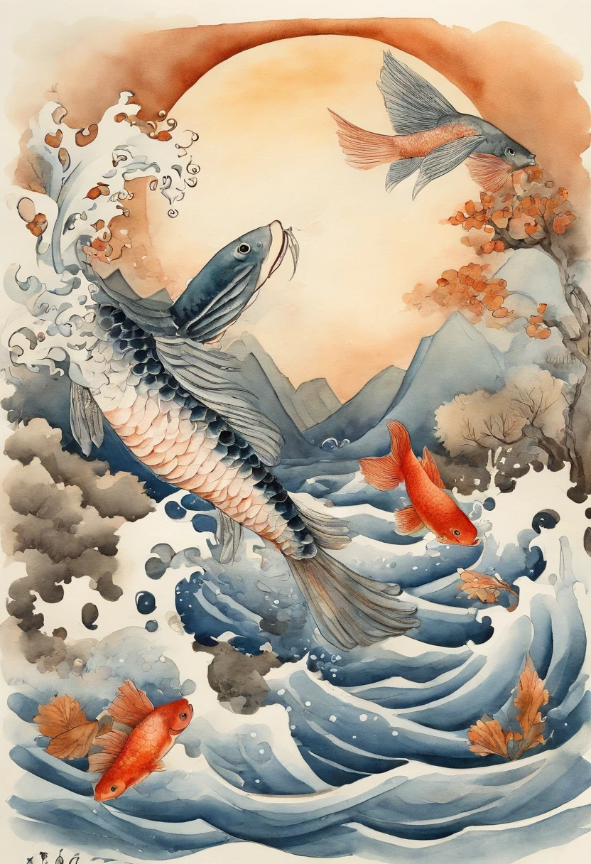 Best Quality, style of hokusai, ukiyoe painting, Dancing Woman, (Floating carp), Flying carp