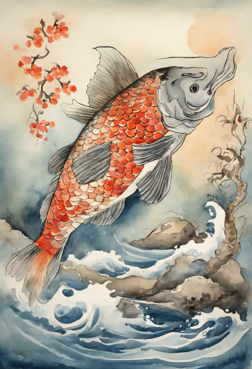 Best Quality, style of hokusai, ukiyoe painting, Dancing Woman, (Floating carp), Flying carp