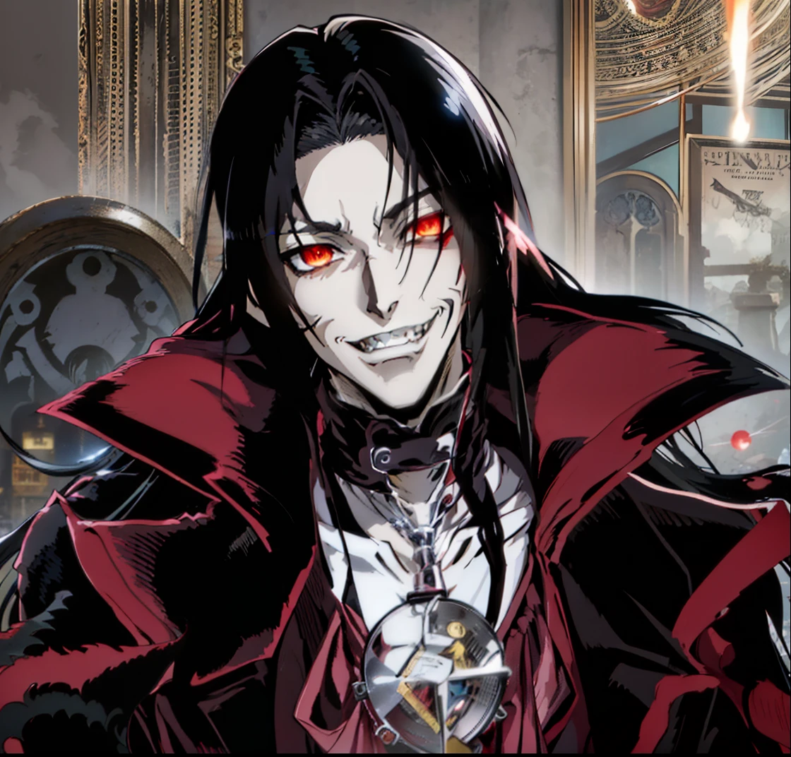 Anime style, anime version, vampire boy, alucard, metalhead boy, Black long hair boy, close face, extreme long hair boy, vampire style, gothic boy, vanitas