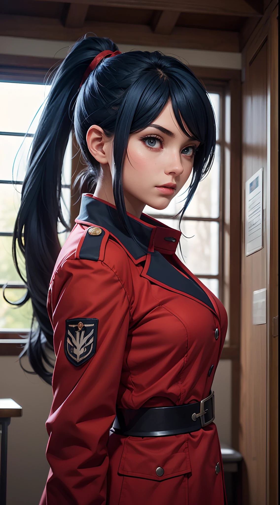 1girl, solo, Laura S. Arseid (long dark blue hair, long ponytail and side Bang), (inspired by trails of cold steel) in a school proper dress with long red coat, in a military school, AMD fidelityFX super resolution 3, shinny effects, extremely detailed texture, shot with Canon EOS 5D mark IV.