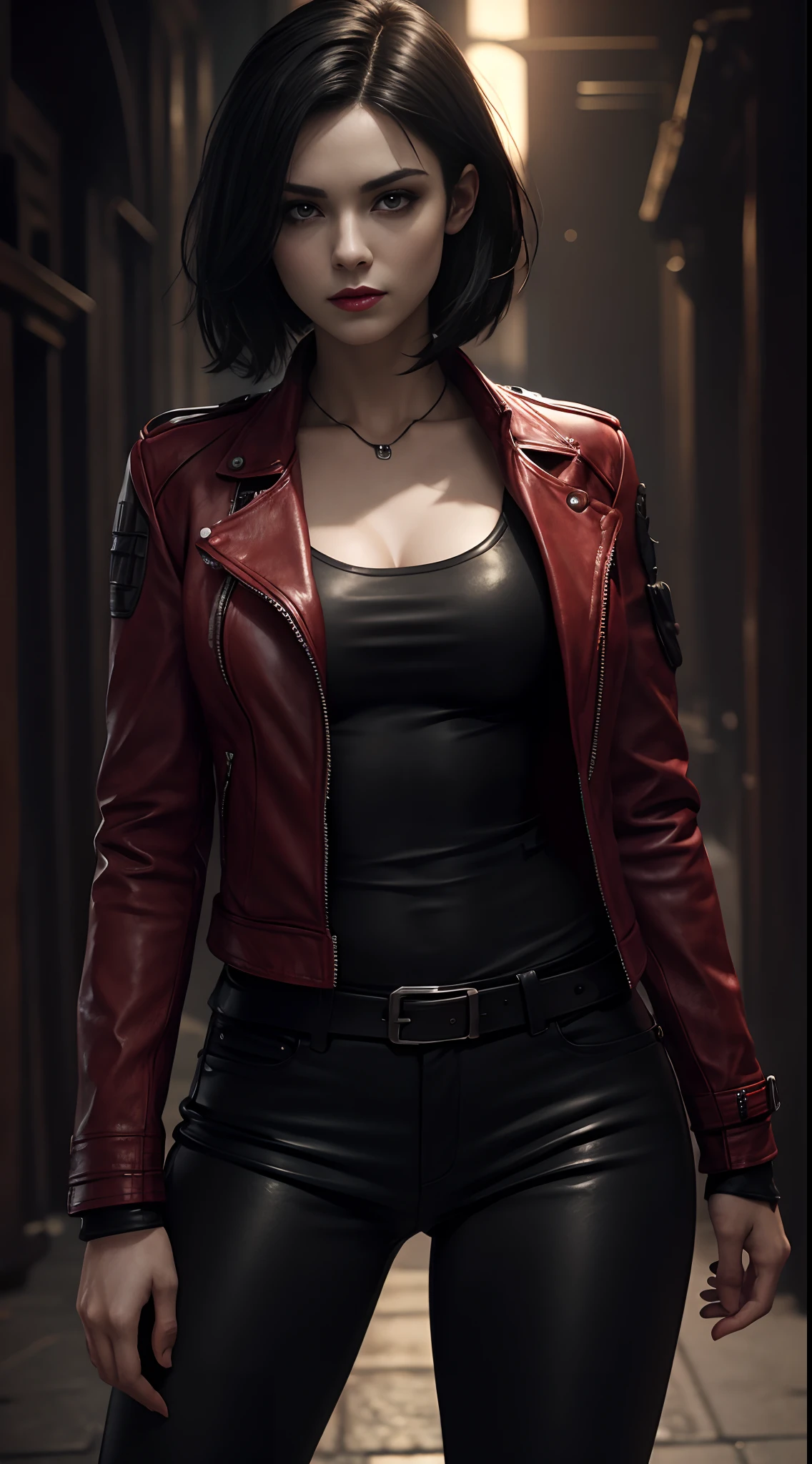 a beautiful 25 years old British female vampire mercenary with short black hair, pale skin, wearing red leather jacket and black tight pants, holding dual handguns, view from front, waist up shot, dynamic pose, ambient lighting, photo realism, intricate face detail, intricate hand details, highly detailed, vibrant colors, cinematic, high definition, trending on Artstation--style raw