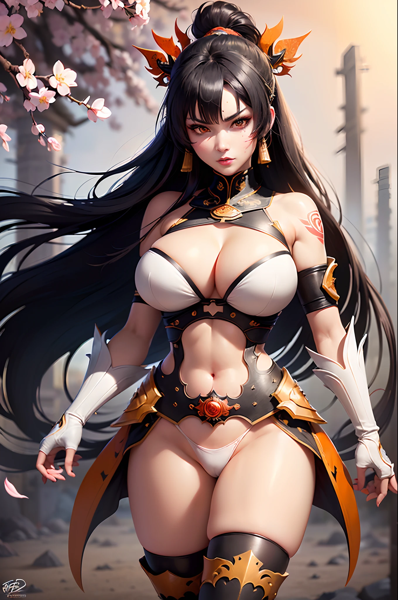 The most beautiful and sexy ninja warrior princess, black hair, orange eyes, wearing highly detailed white battle armor, huge tits, cleavage showing, tons of tattoos and piercings, blood splattered, cherry blossoms blowing in the wind, sengoku period, perfect masterpiece, high quality, high resolution