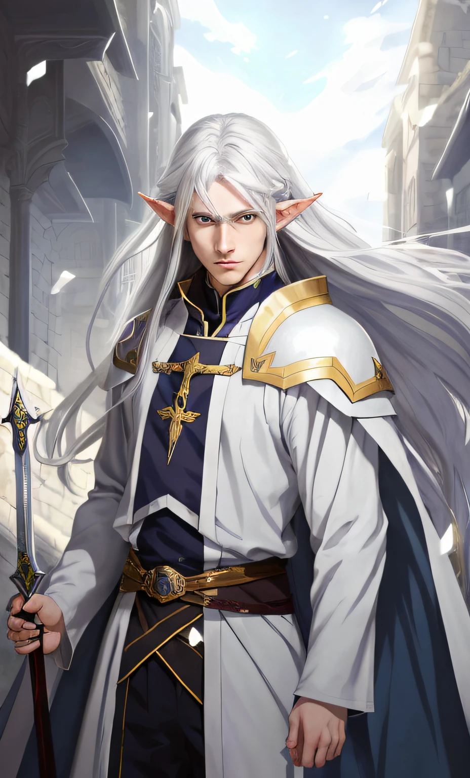 anime character with long white hair and sword in city, a portrait of a male elf, casimir art, white haired deity, inspired in kris from deltarrune, a male elf, silvery skinned male elf, portrait of fin wildcloak, portrait of merlin, portrait of a young elf wizard, beautiful male elf, picture of a male cleric
