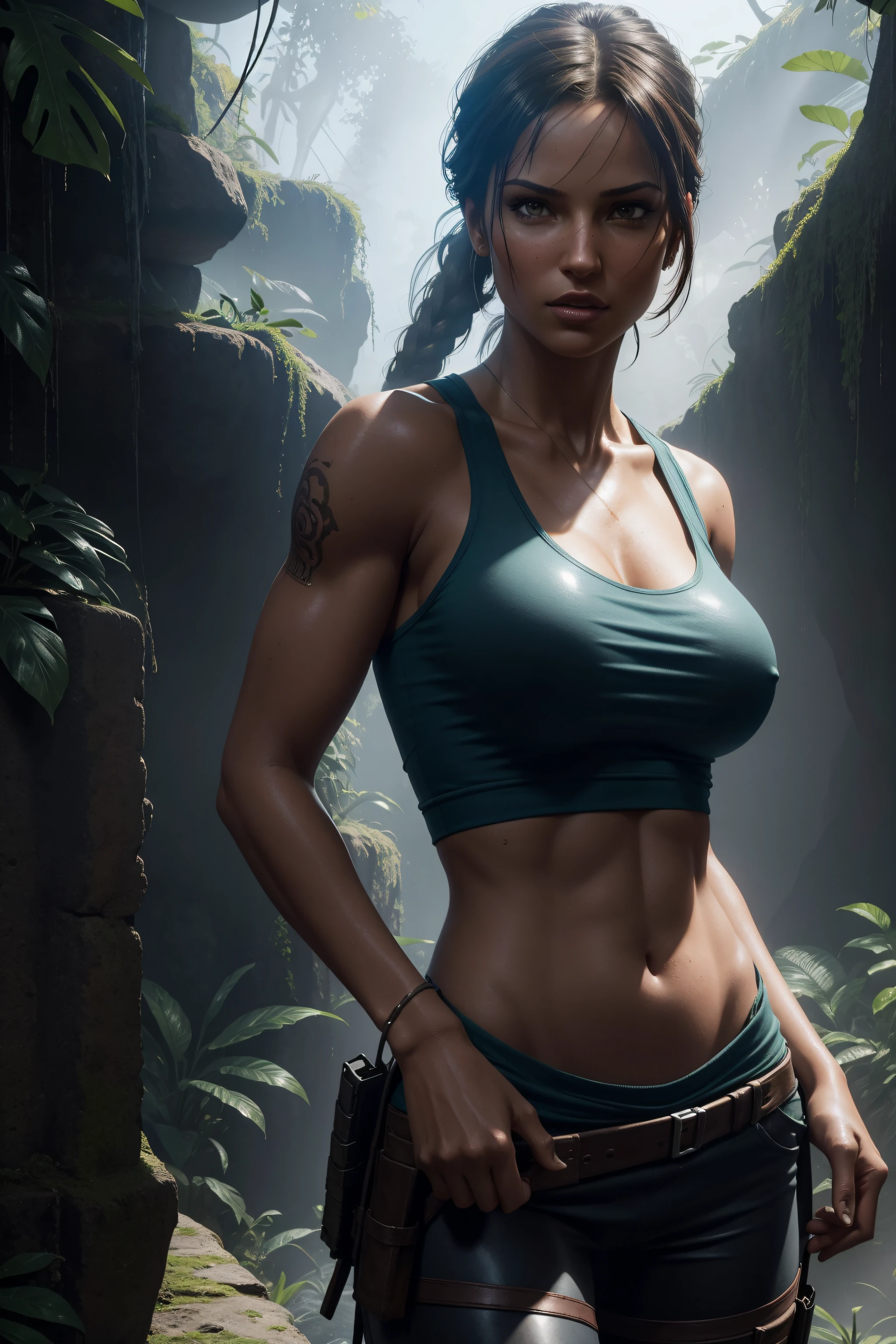sexy Lara Croft Tomb Raider, side view, blue tank top, outside, jungle background, shadows, athletic and fit body, naughty, slutty, perfect hands, detailed hands, perfect eyes, detailed eyes, flirty, sexy, naughty, large perky boobs, realistic, HDR, UHD, dynamic