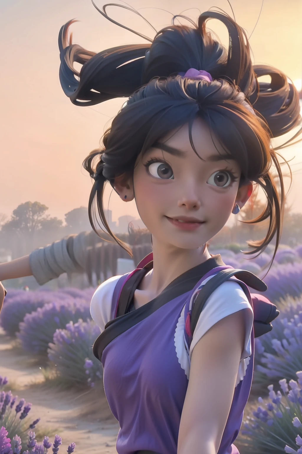 Create a 3d animation of an Indian girl running through a lavender field. Make it unique and flirty