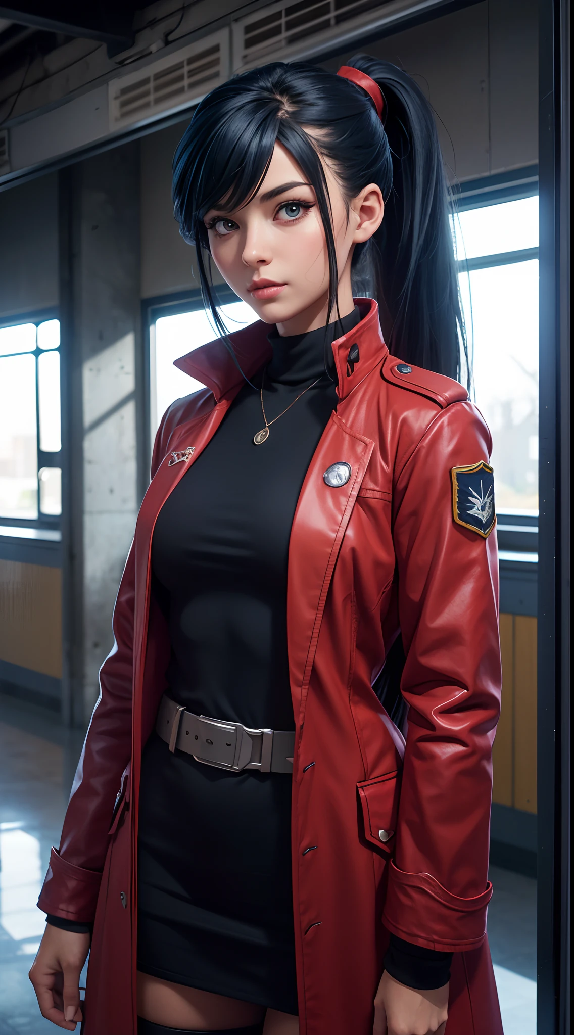 1girl, solo, Laura S. Arseid (long dark blue hair, long ponytail and side Bang), (inspired by trails of cold steel) in a school proper dress with long red coat, in a military school, AMD fidelityFX super resolution 3, shinny effects, extremely detailed texture, shot with Canon EOS 5D mark IV.