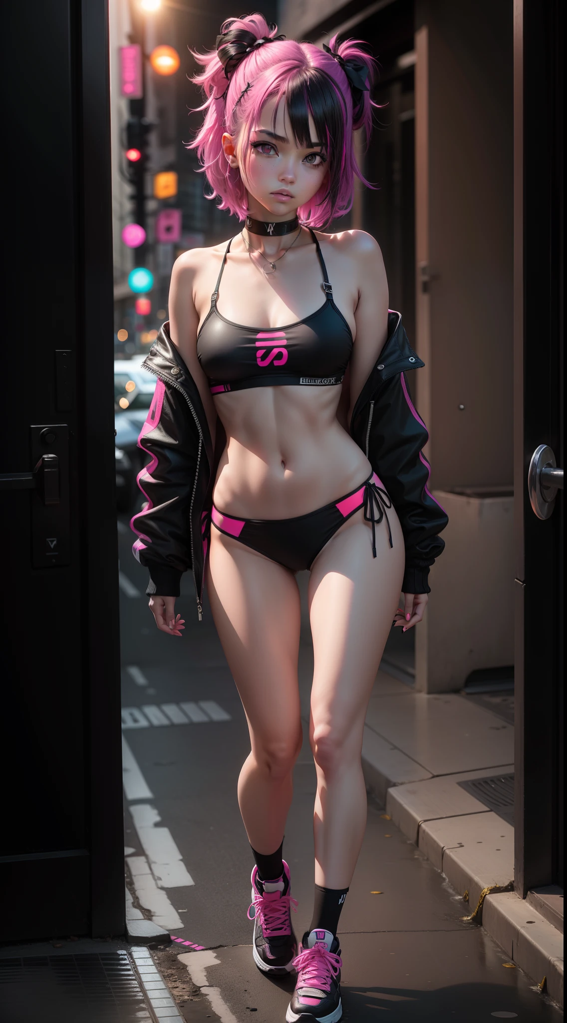 Emo girl in a black bikini with pink neon highlights, full body