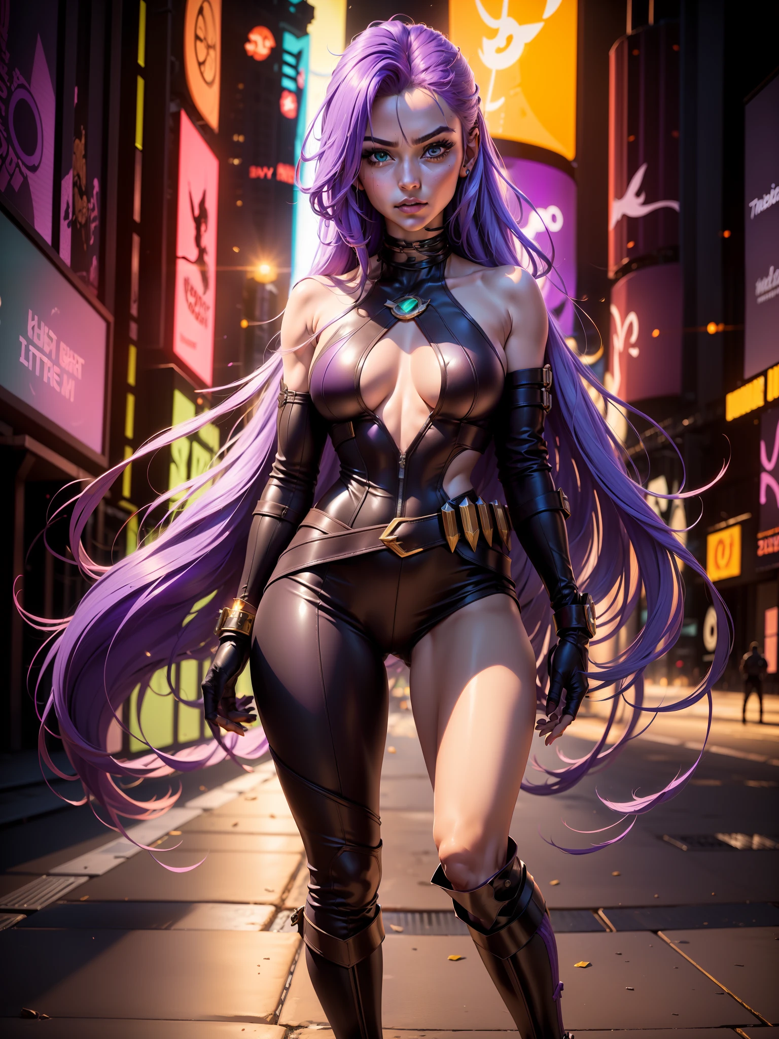 (New York :1.5), (time square :1.5)Starfire, whose real name is Koriand'r, is a DC Comics character and member of the  Titans. (pretty face, perfect :1.5)She is an alien from the planet Tamaran and has a unique physical appearance and clear perfect pretty face: Physical appearance: Koriand'r has an exotic appearance and physical characteristics that distinguish her as a Tamaranean: skin color: His skin is orange, a reddish-orange tone characteristic of his alien race. This is a notable feature that makes it easily recognizable. HAIR: Koriand'r has long, wavy purple or violet hair that falls to her shoulders or back. Eye: Her eyes are usually portrayed as green, and they can emit a green glow when she uses her powers. Height and Physical Shape: She is tall and slender, with an athletic figure that reflects her superhuman strength and ability to fly. Typical clothing: Starfire's costume is quite iconic and reflects her alien origin and star powers: Bodysuit: She wears a bodysuit that covers her entire body. The costume is usually in (purple or black color :1.5) and has star-style details in green or gold. The bodysuit is often decorated with a star on the chest, which is a striking feature. Boots and Gloves: Starfire wears knee-high boots and gloves that match her look. These boots and gloves also often have stellar details, like stylized stars or sparkly patterns. shovels: She usually wears a belt that can be decorated with a star as a buckle. hair: she usually wears her hair long, which adds an additional touch of exoticism to her look. (Minimum clothing: 1.5), (large breasts: 1.3), (hanging breasts: 1.5), (disproportionate breasts: 1.4), (realism:1.5), (Realisitc:1.4), (Absurd:1.4), 8k, ultra- detailed, detailed handsome man, (only:1.4), 1girl, (Viewer facing:1.2), Intricate body details, (Curvy:1.3),(short:1.3