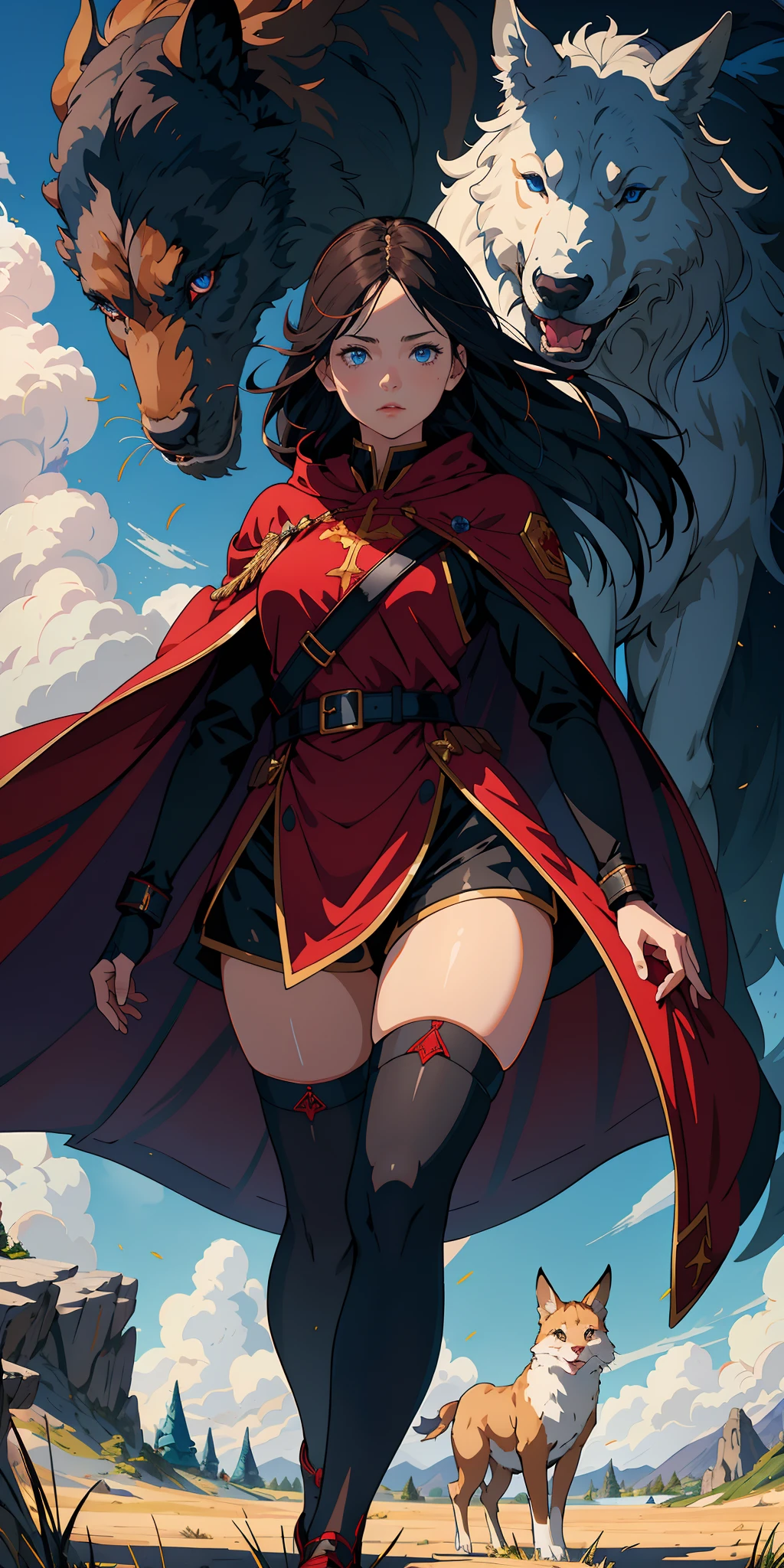 Girl in Uniform, very extremely beautiful, Excellent figure, next to a magical beast, fantasy world, long dark hair, blue eyes, Shorts, Stockings, A long cloak develops in the wind, Belt, red and black clothes, higly detailed