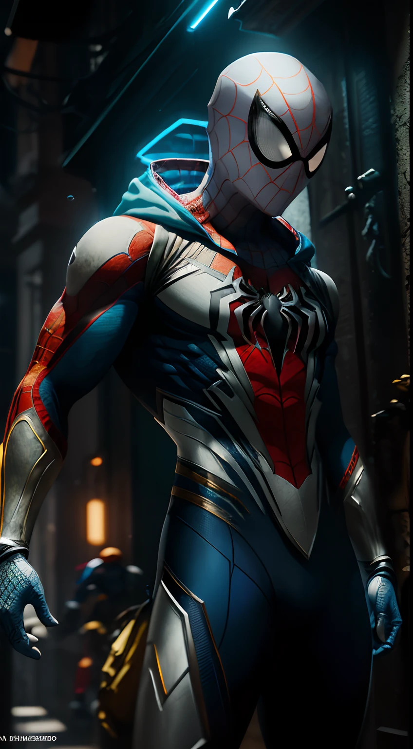 profesional photography, HDR,persona con un disfraz, rossdraws global illumination, cinematic render unreal engine, Spider-Man azul y amarillo, plata blanco y dorado, armadura sucia, Destacado en CG Society, Armadura de cuero azul, Nuevo personaje, white lighting, action pose