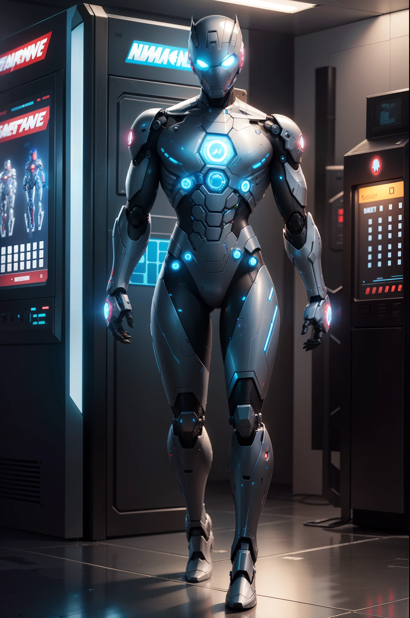 A realistic transparent Marvel combat machine-style non-human robot in an advanced cybernetic suit