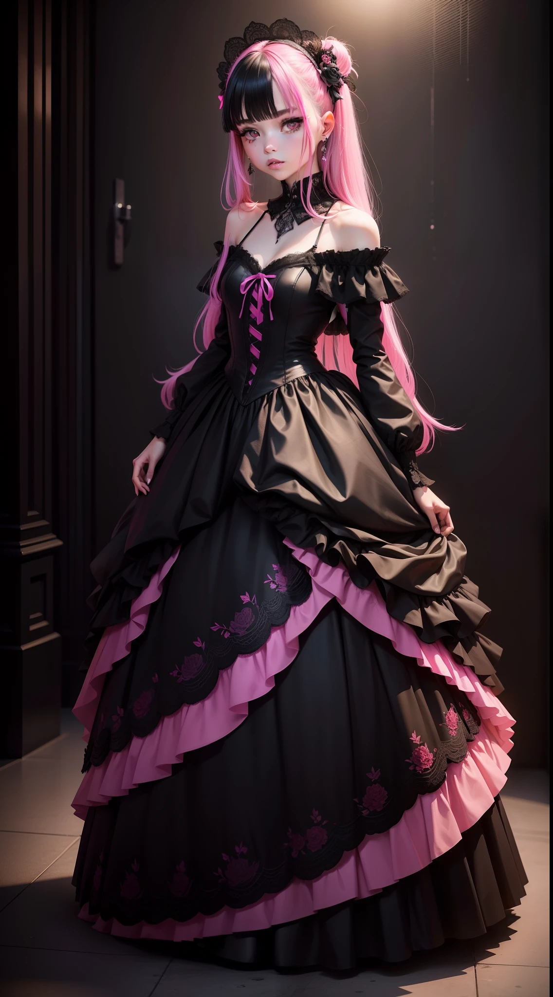 Emo girl in a black wedding dress with pink neon highlights, full body